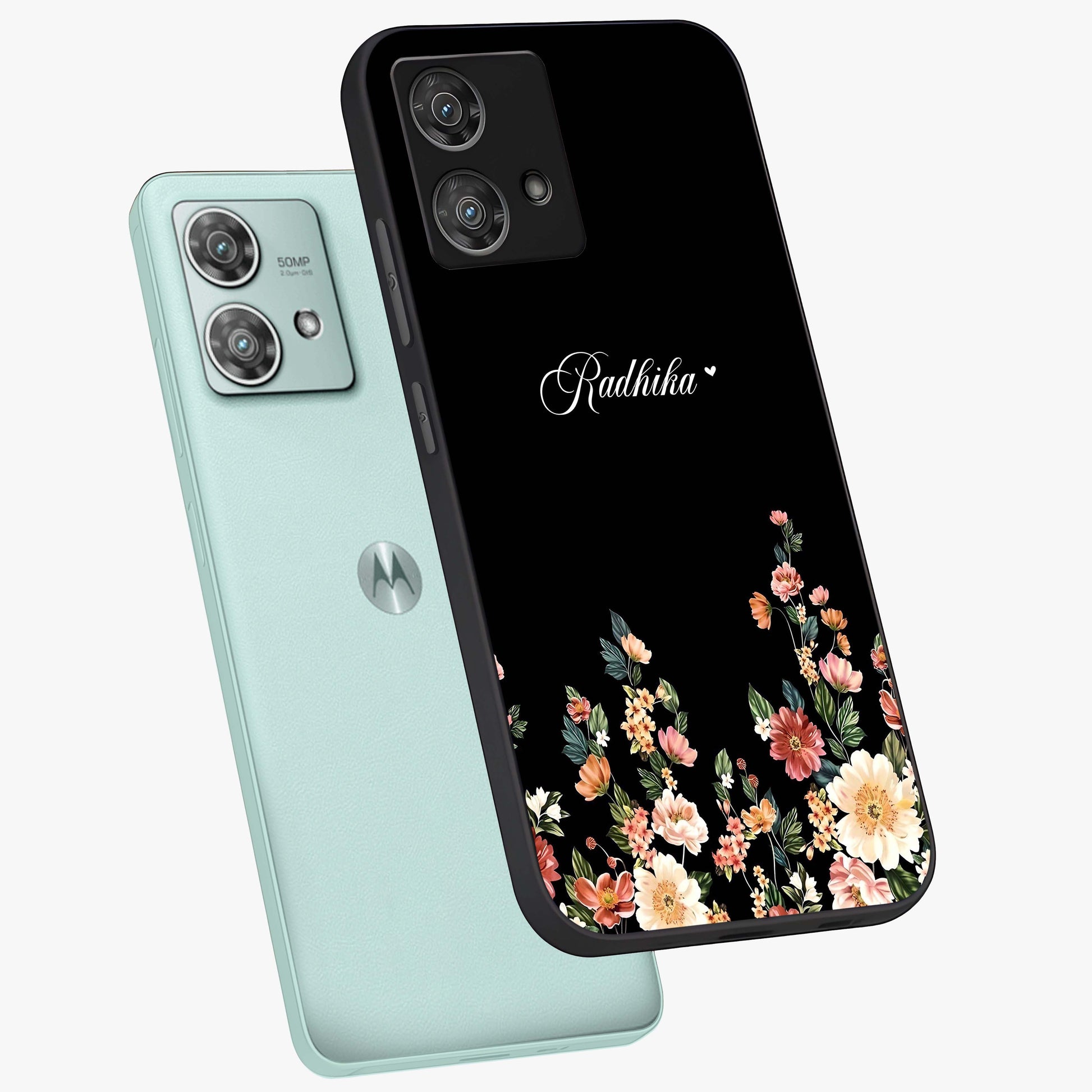 Floral Design With a Custom Personalized Name Glass Case displayed in angled mockup highlighting elegant floral pattern with custom name feature.