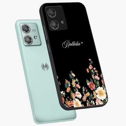 Floral Design With a Custom Personalized Name Glass Case displayed in angled mockup highlighting elegant floral pattern with custom name feature.
