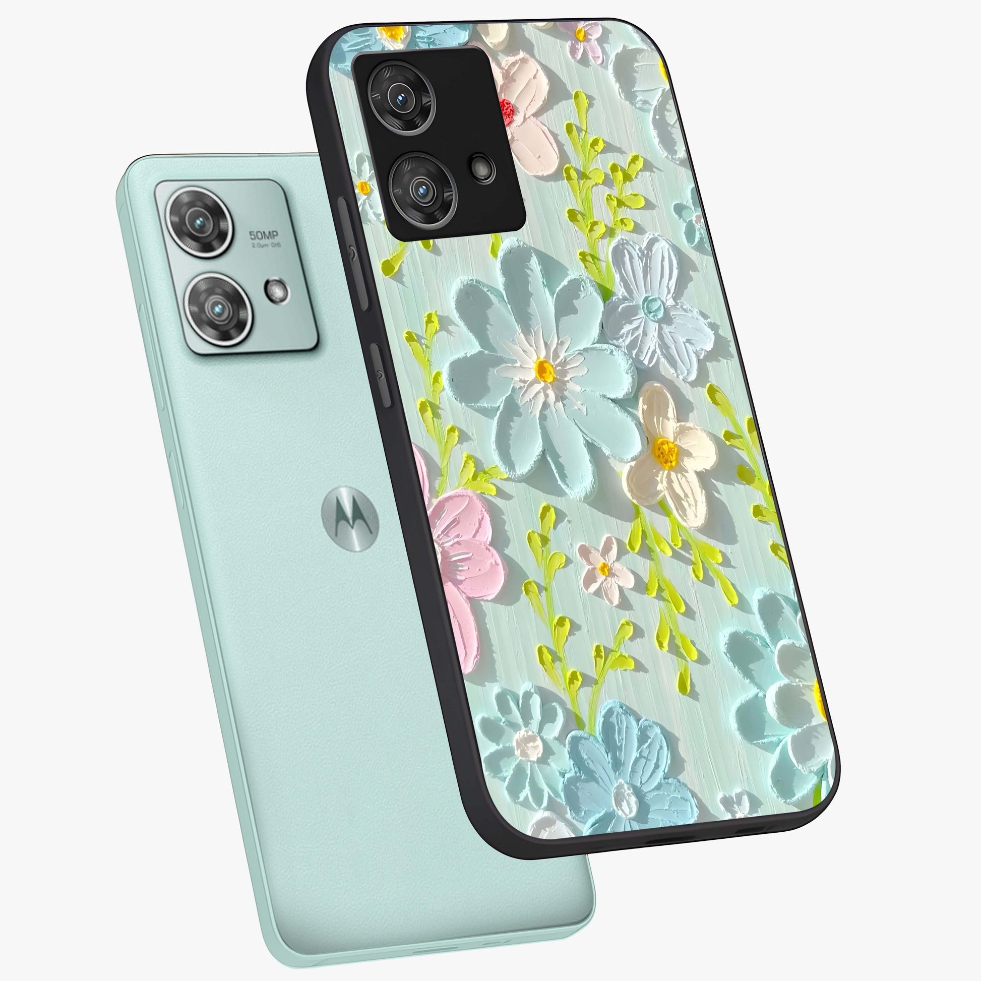 Frosted Petal Garden Glass Case displayed in angled mockup highlighting delicate flower petal design with calm garden aesthetic.