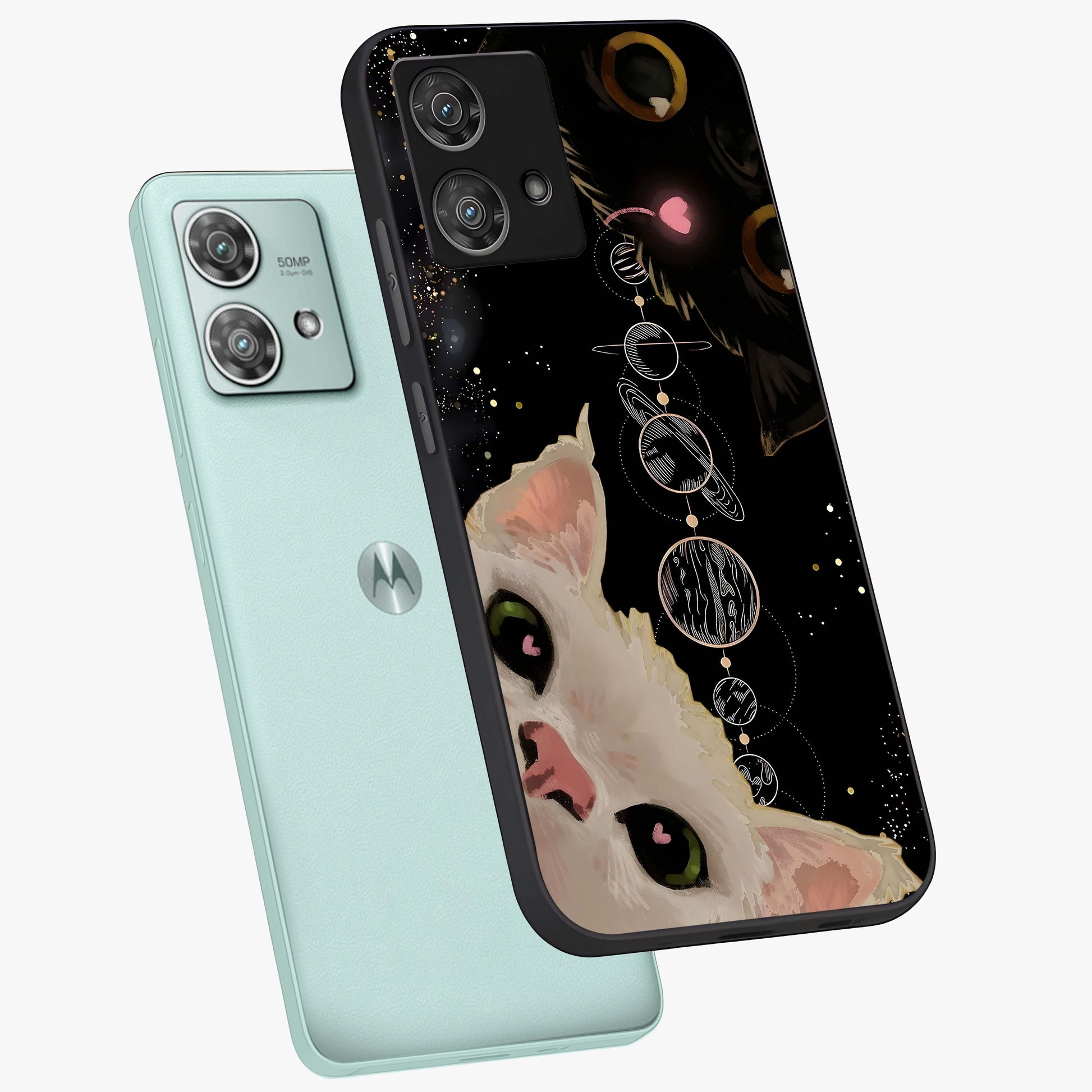 Galactic Cat Glass Case displayed in angled mockup highlighting celestial feline illustration with galaxy aesthetic style.