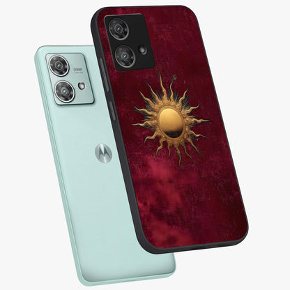 Golden Sun Minimalism Glass Case displayed in angled mockup highlighting clean sun symbol design with modern minimal aesthetic.