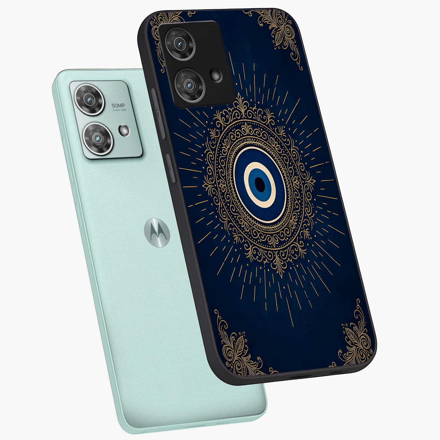 Golden Celestial Charm Glass Case displayed in angled mockup highlighting sparkling cosmic charm design with celestial aesthetic.
