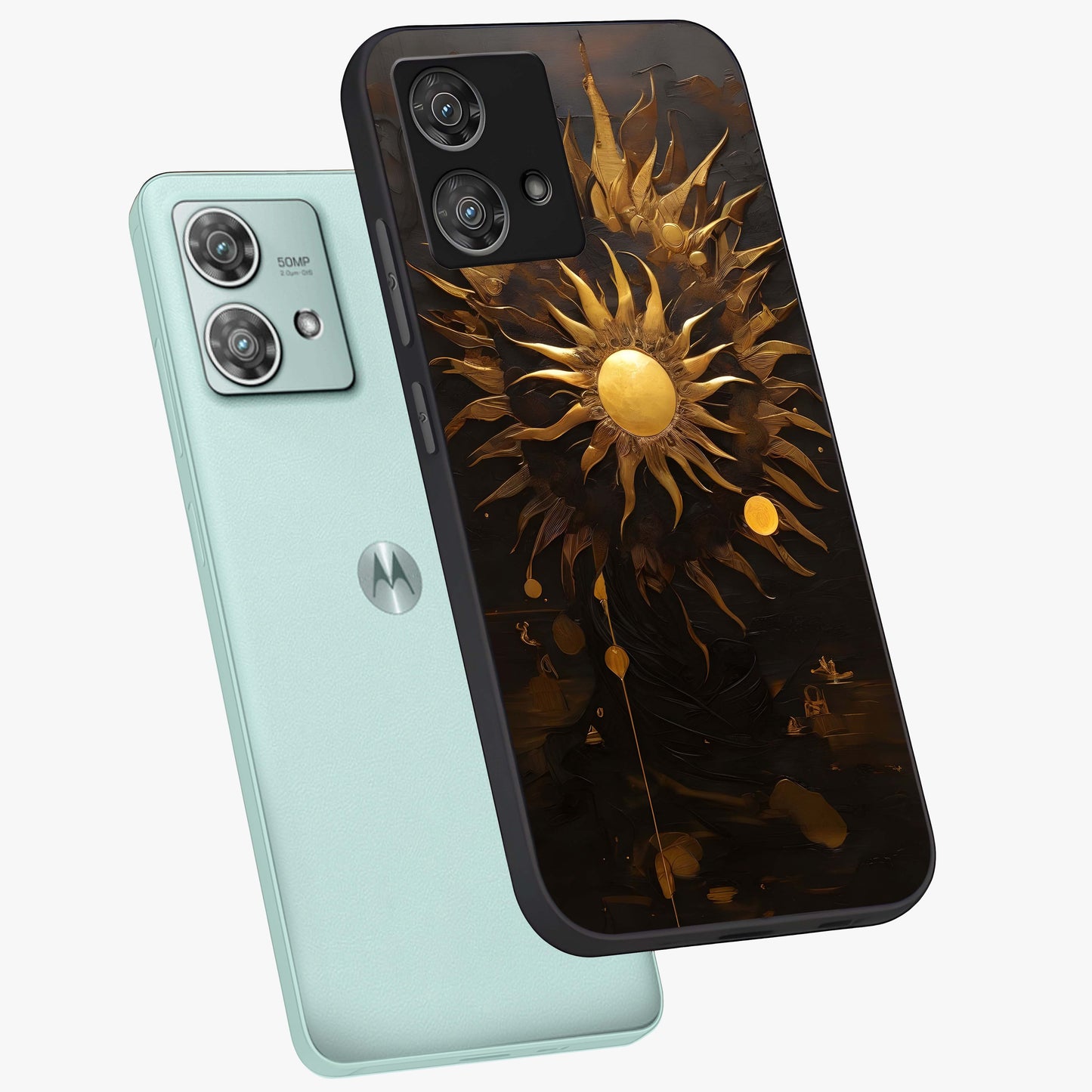 Golden Sun Majesty Glass Case displayed in angled mockup highlighting eerie shadow illustration with gothic aesthetic.