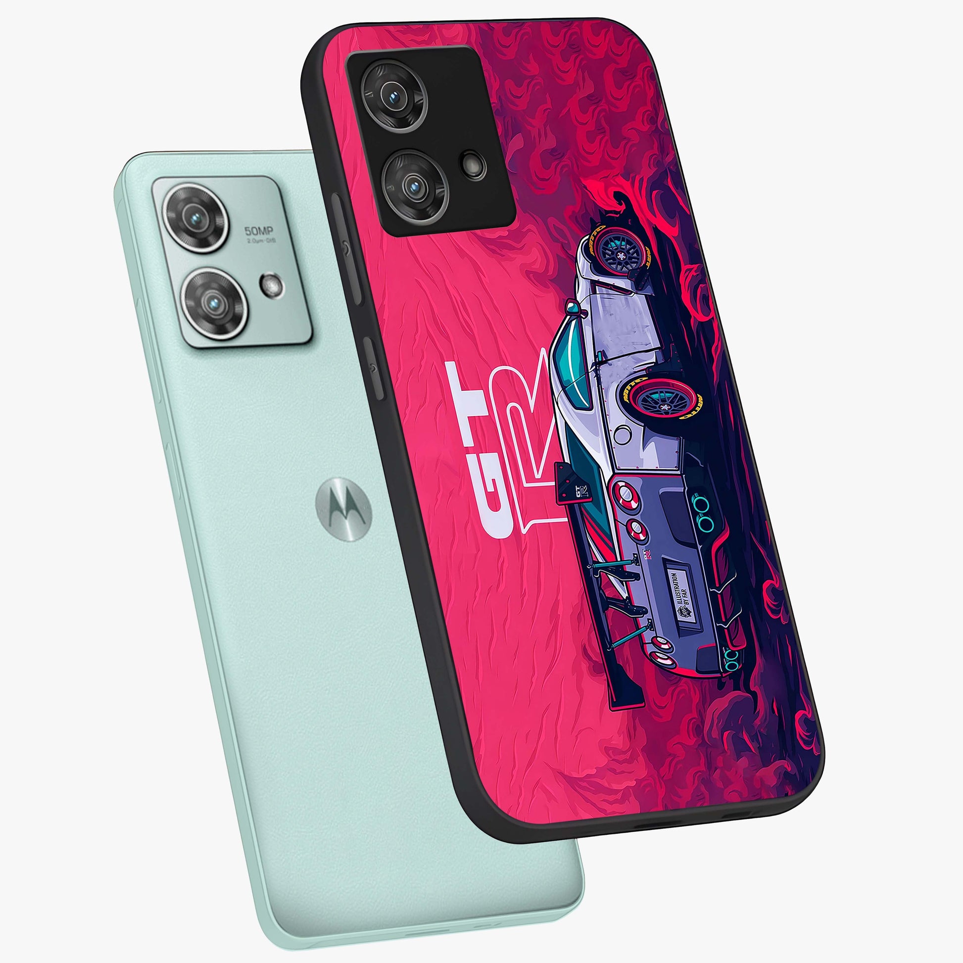 GT-R Car Pattern Glass Case displayed in angled mockup highlighting racing car graphic design with bold automotive aesthetic.