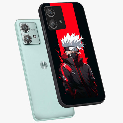 Kakashi Scarlet Shadow Glass Case displayed in angled mockup highlighting dramatic ninja illustration with scarlet themed aesthetic.