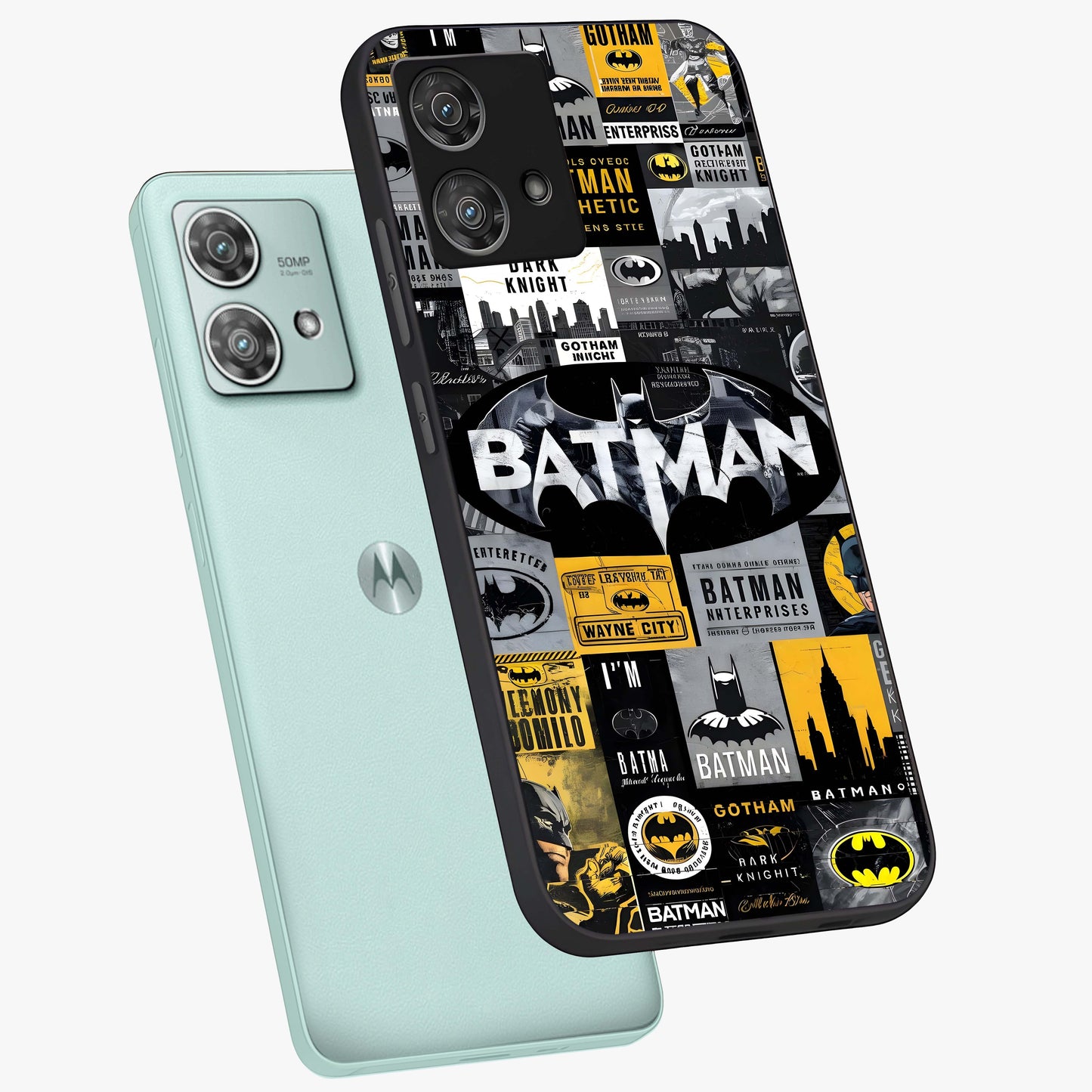 Knight Gotham Rise Glass Case displayed in angled mockup highlighting powerful knight silhouette design with dramatic aesthetic.