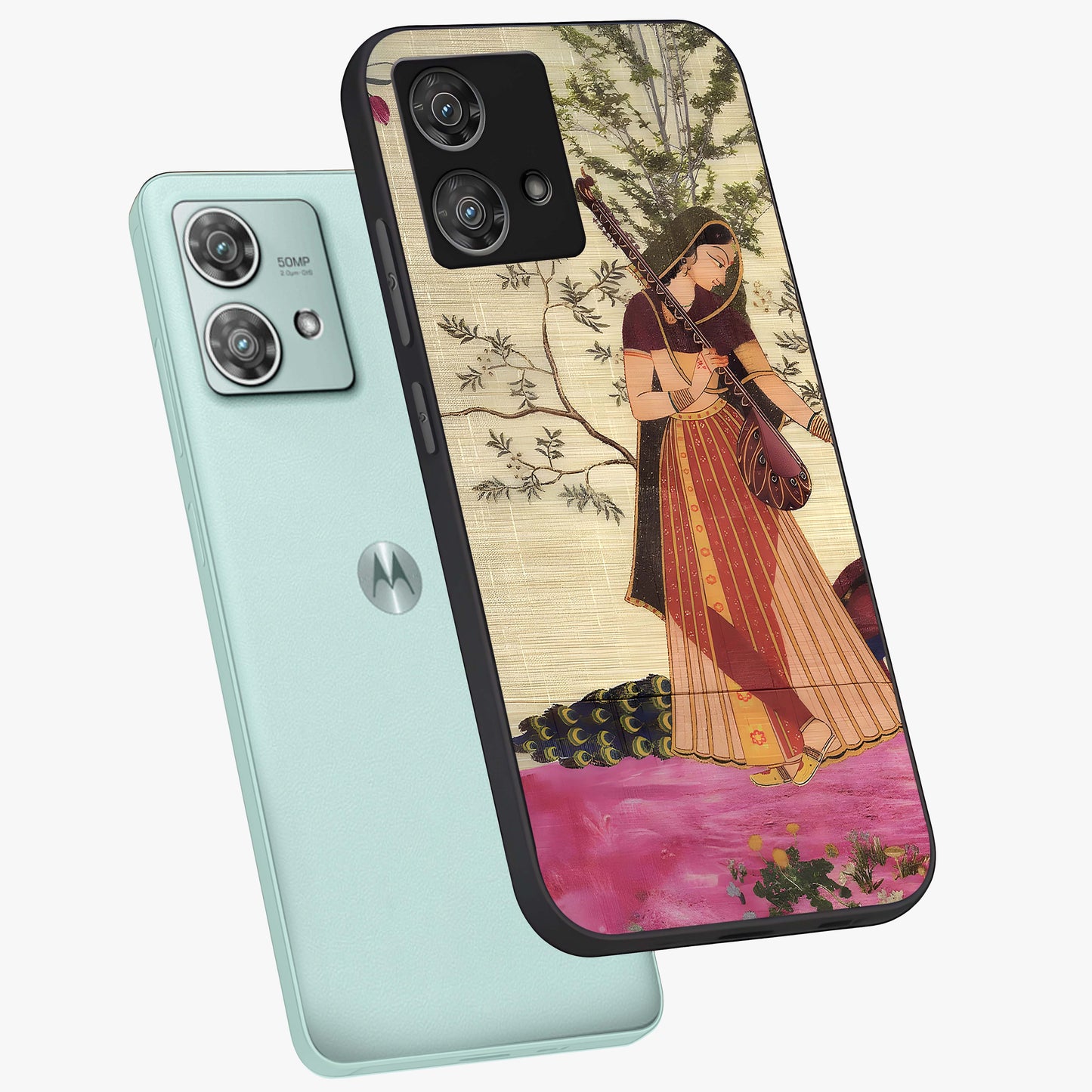 Lady With Veena Art Glass Case displayed in angled mockup highlighting graceful musical illustration with cultural artistic aesthetic.