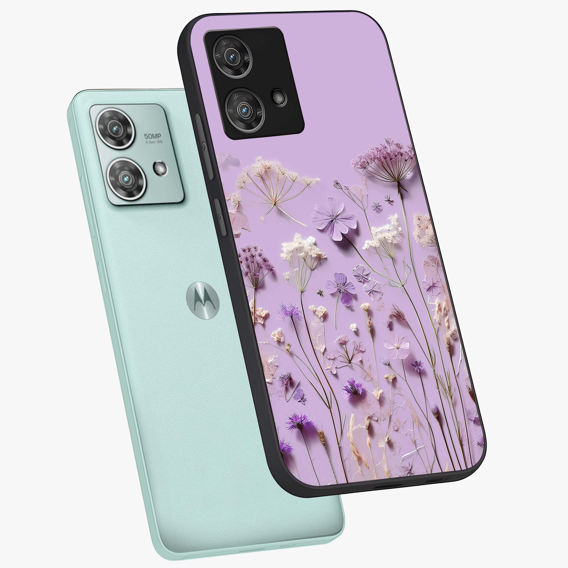 Lavender Blossom Dream Glass Case displayed in angled mockup highlighting dreamy lavender flower design with calming aesthetic style.