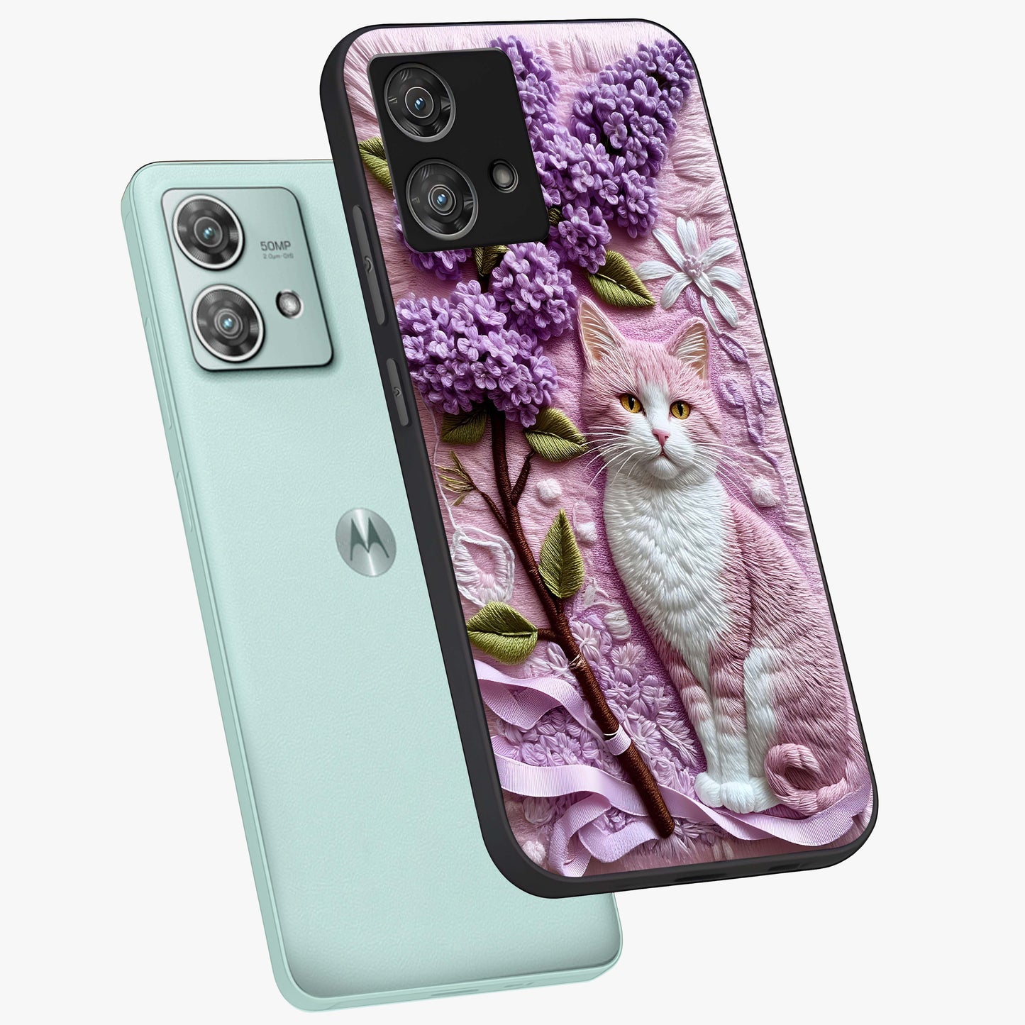 Lavender Cat Whimsy Glass Case displayed in angled mockup highlighting playful feline illustration with pastel lavender aesthetic.