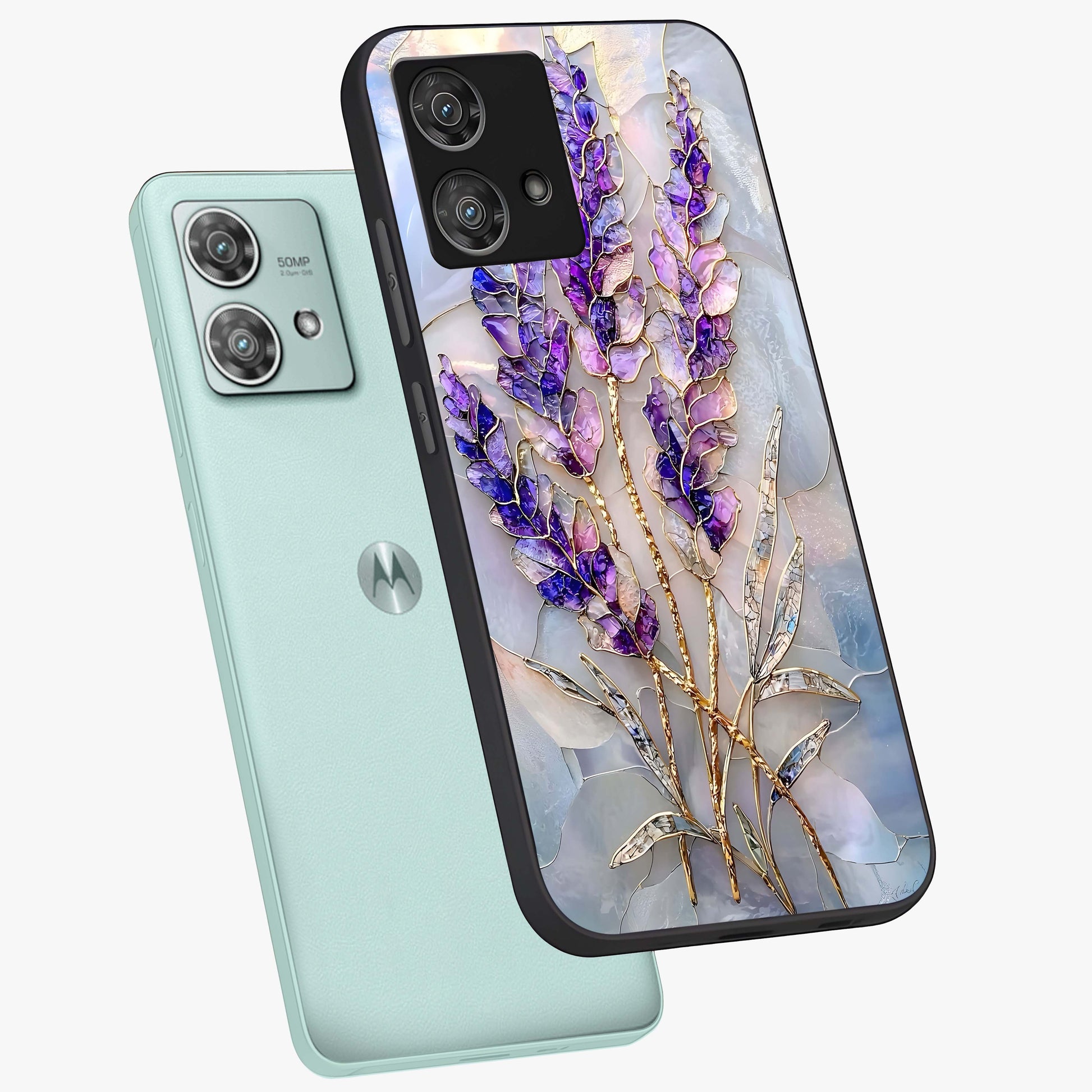 Lavender Dream Glow Glass Case displayed in angled mockup highlighting dreamy purple glow design with soft artistic style.