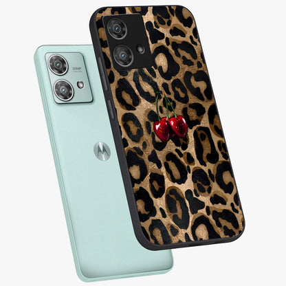 Leopard Wild Cherry Glass Case displayed in angled mockup highlighting bold animal print design with playful cherry aesthetic.