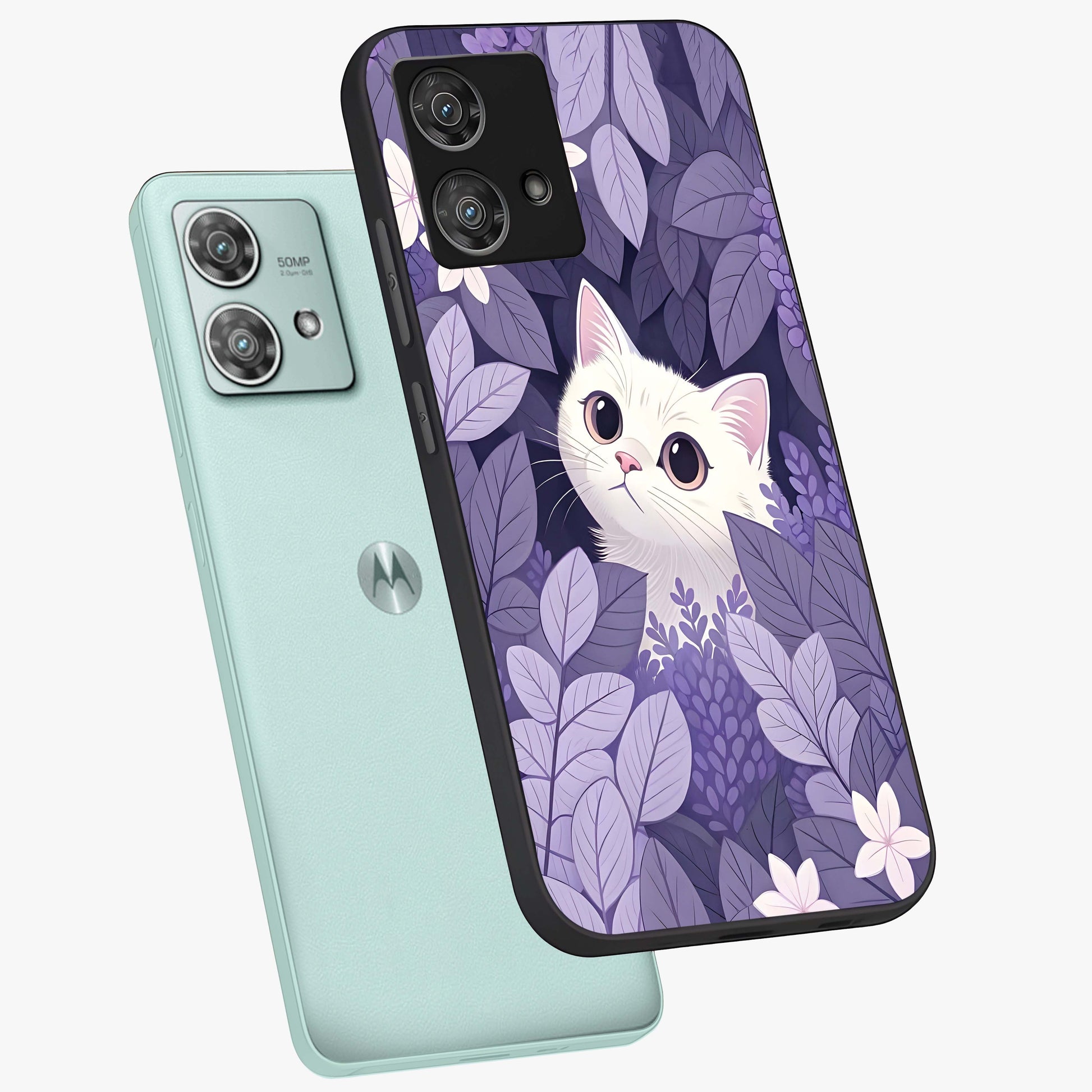 Lilac Hide Peek Cat Glass Case displayed in angled mockup highlighting playful feline illustration with lilac aesthetic design.