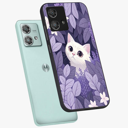 Lilac Hide Peek Cat Glass Case displayed in angled mockup highlighting playful feline illustration with lilac aesthetic design.