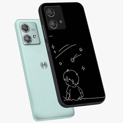 Line Art Boy With Shooting Stars Glass Case displayed in angled mockup highlighting elegant line art design with dreamy star aesthetic.