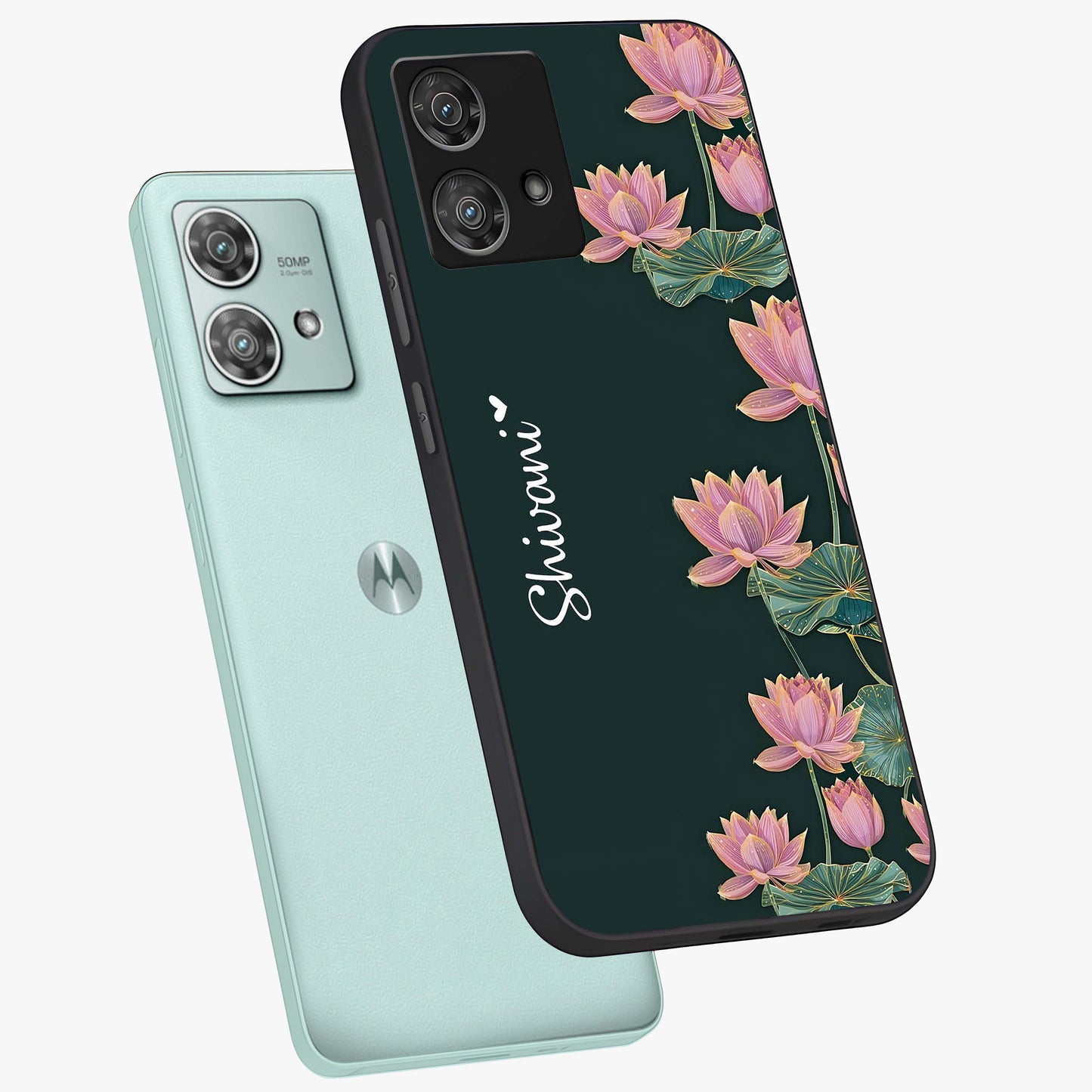Lotus Bloom Serenity Custom Name Glass Case displayed in angled mockup highlighting graceful lotus illustration with custom name feature.