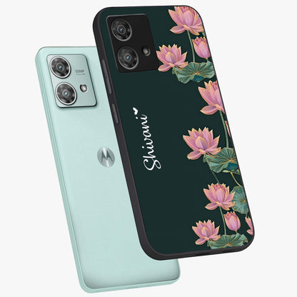 Lotus Bloom Serenity Custom Name Glass Case displayed in angled mockup highlighting graceful lotus illustration with custom name feature.