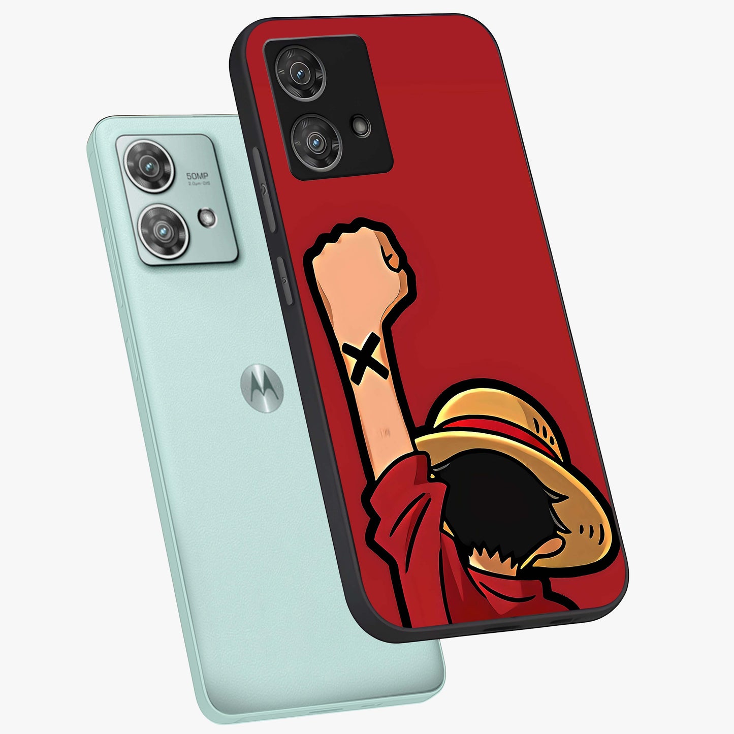 Luffy X Spirit Glass Case displayed in angled mockup highlighting powerful anime design with energetic action aesthetic.