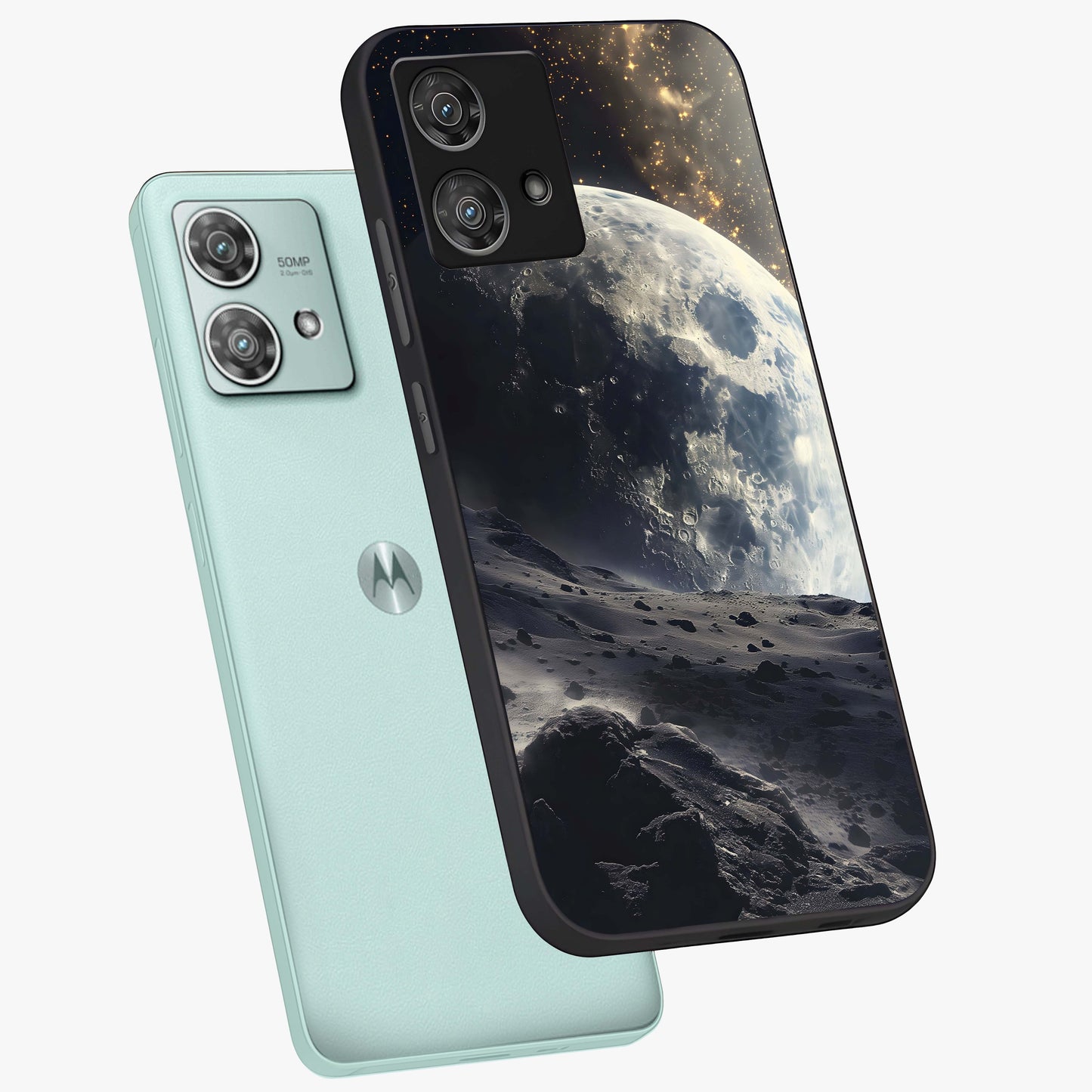 Lunar Horizon Glow Glass Case displayed in angled mockup highlighting celestial moon design with dreamy night aesthetic.