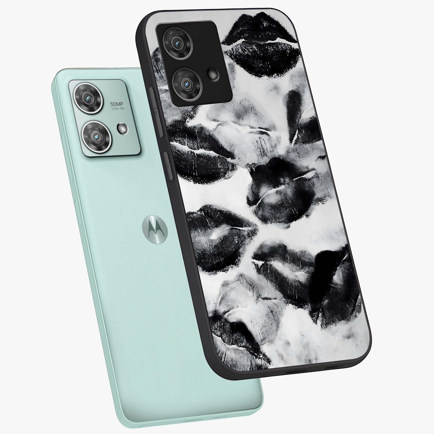 Midnight Kiss Marks Glass Case displayed in angled mockup highlighting playful romantic design with bold midnight aesthetic.