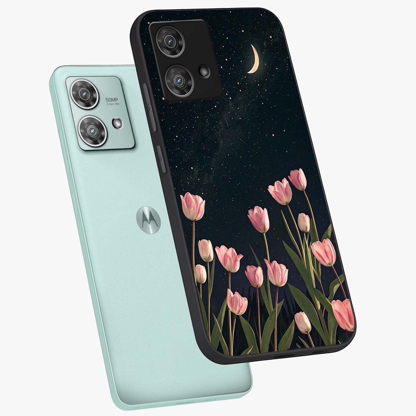 Midnight Tulip Whispers Vibe Glass Case displayed in angled mockup highlighting delicate tulip design with midnight floral aesthetic.
