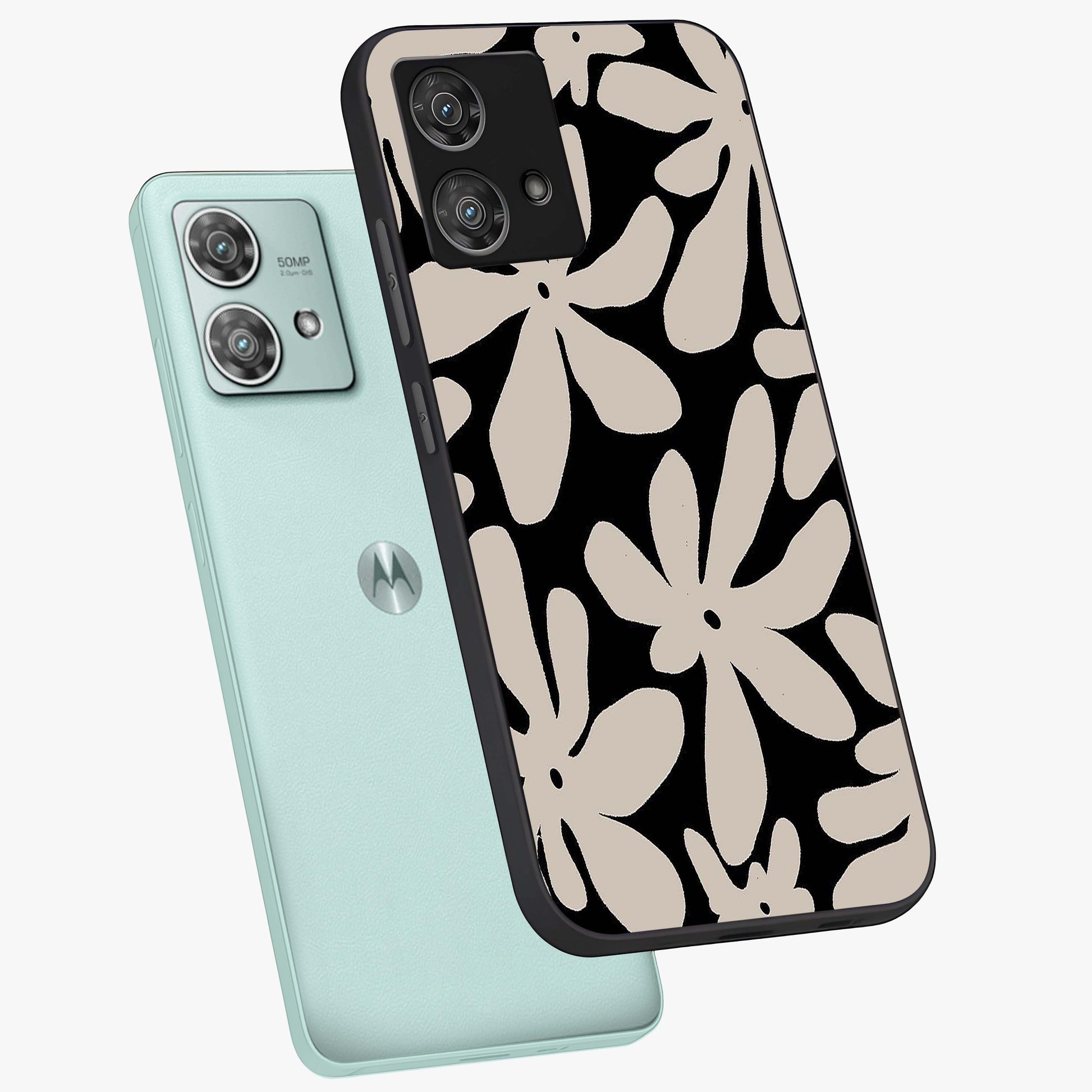 Monochrome Petal Dance Glass Case displayed in angled mockup highlighting elegant petal design with black and white aesthetic.