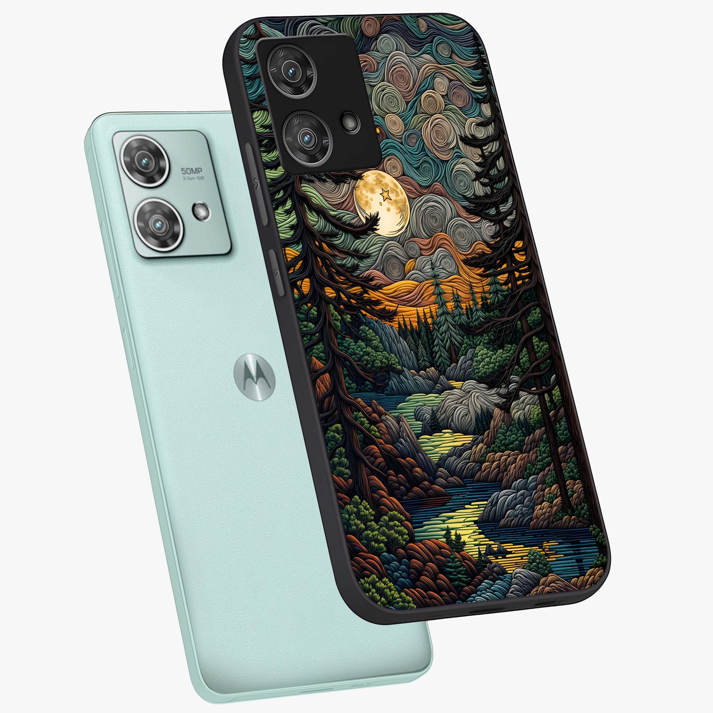 Moonlight Forest Dream Glass Case displayed in angled mockup highlighting dreamy forest design with glowing moon aesthetic.
