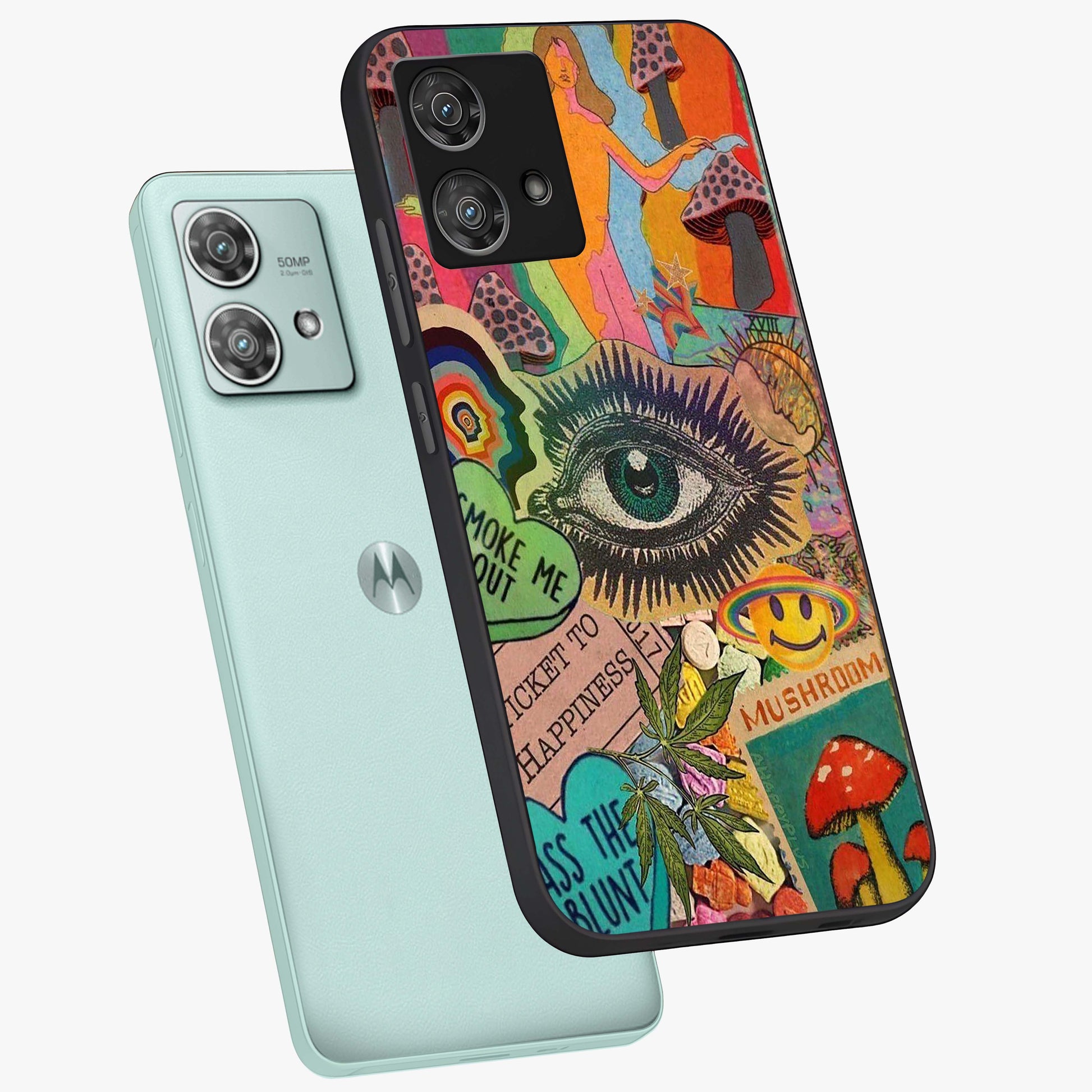 Mystic Eye Wonderland Glass Case displayed in angled mockup highlighting magical eye illustration with dreamy aesthetic.