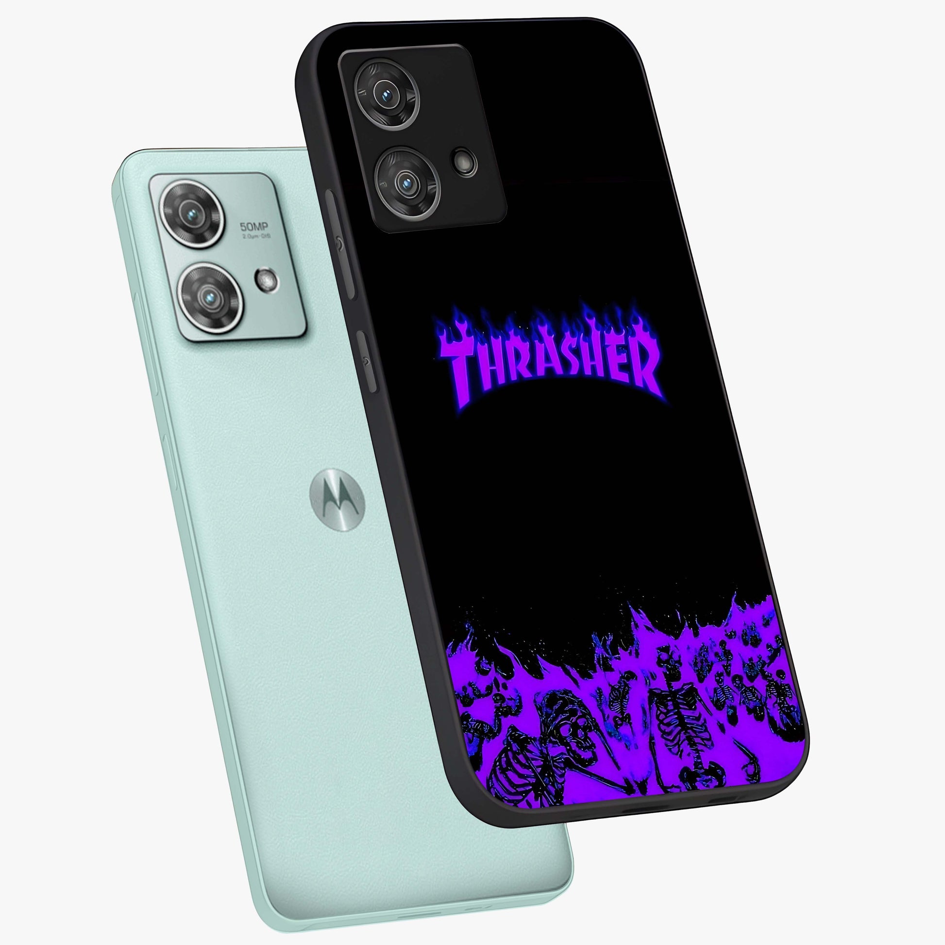Neon Flame Riot Glass Case displayed in angled mockup highlighting glowing flame design with vibrant neon aesthetic.