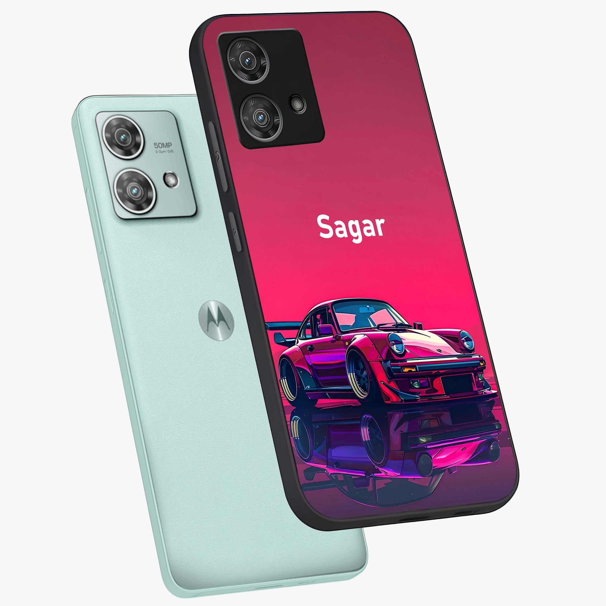 Neon Pink Porsche Glass Case displayed in angled mockup highlighting sleek neon pink car design with racing aesthetic.