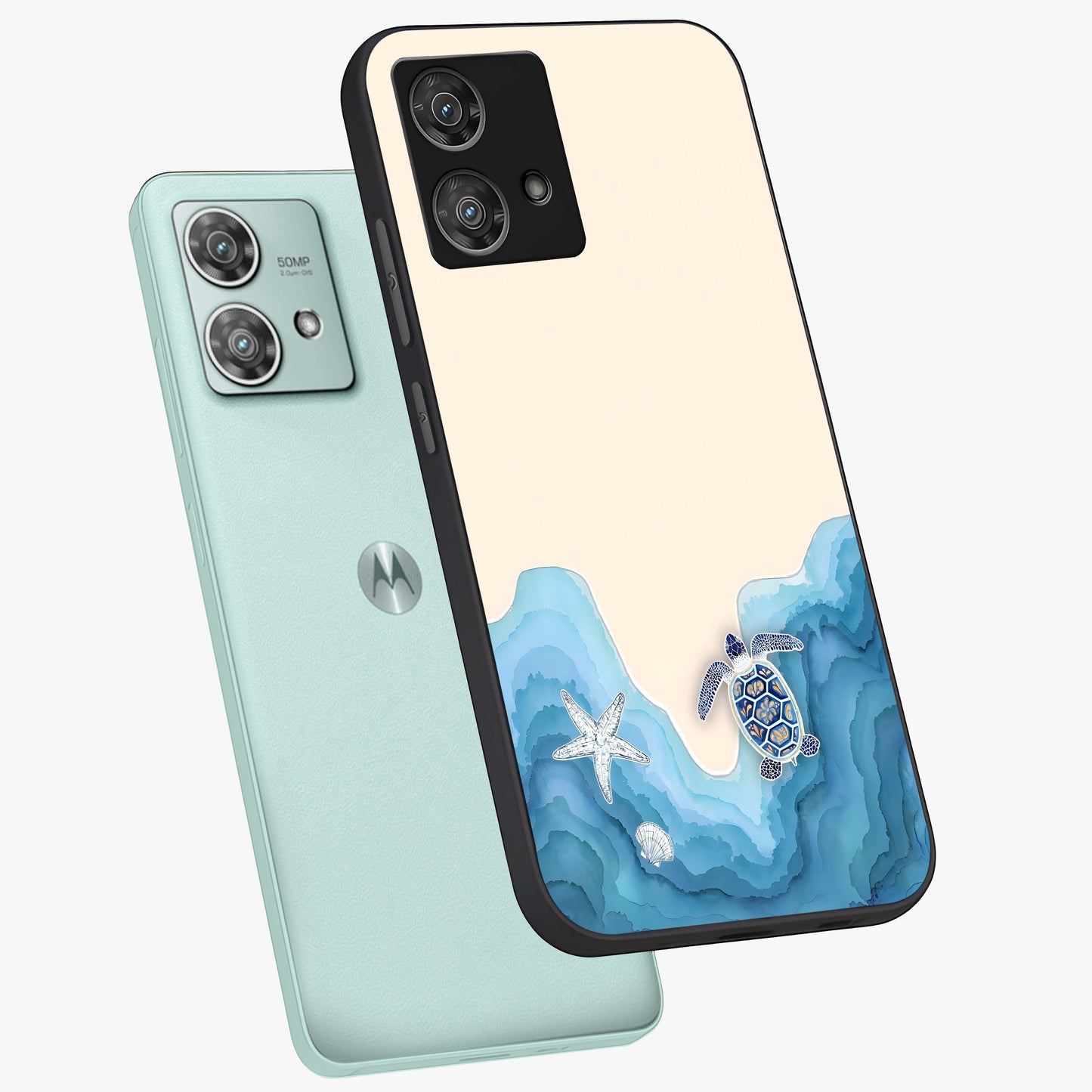 Ocean Drift Turtle Glass Case displayed in angled mockup highlighting peaceful ocean turtle illustration with marine aesthetic.
