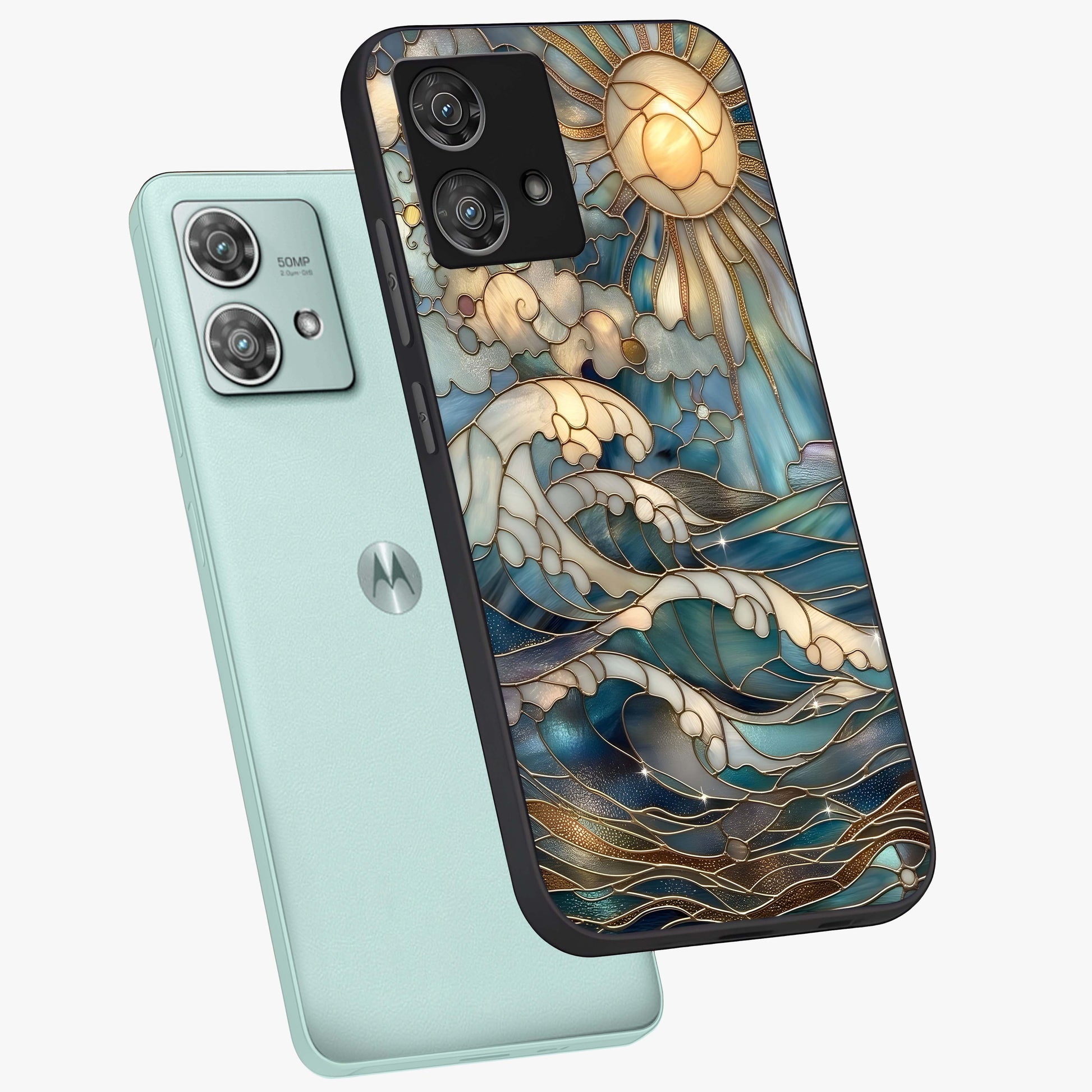 Oceanic Stained Printed Glass Case displayed in angled mockup highlighting colorful aquatic design with artistic aesthetic style.