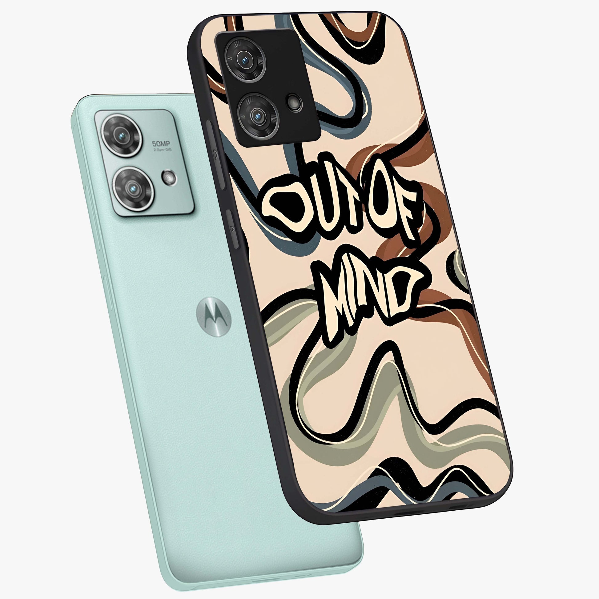 Out Of Mind Glass Case displayed in angled mockup highlighting bold statement design with modern artistic aesthetic.