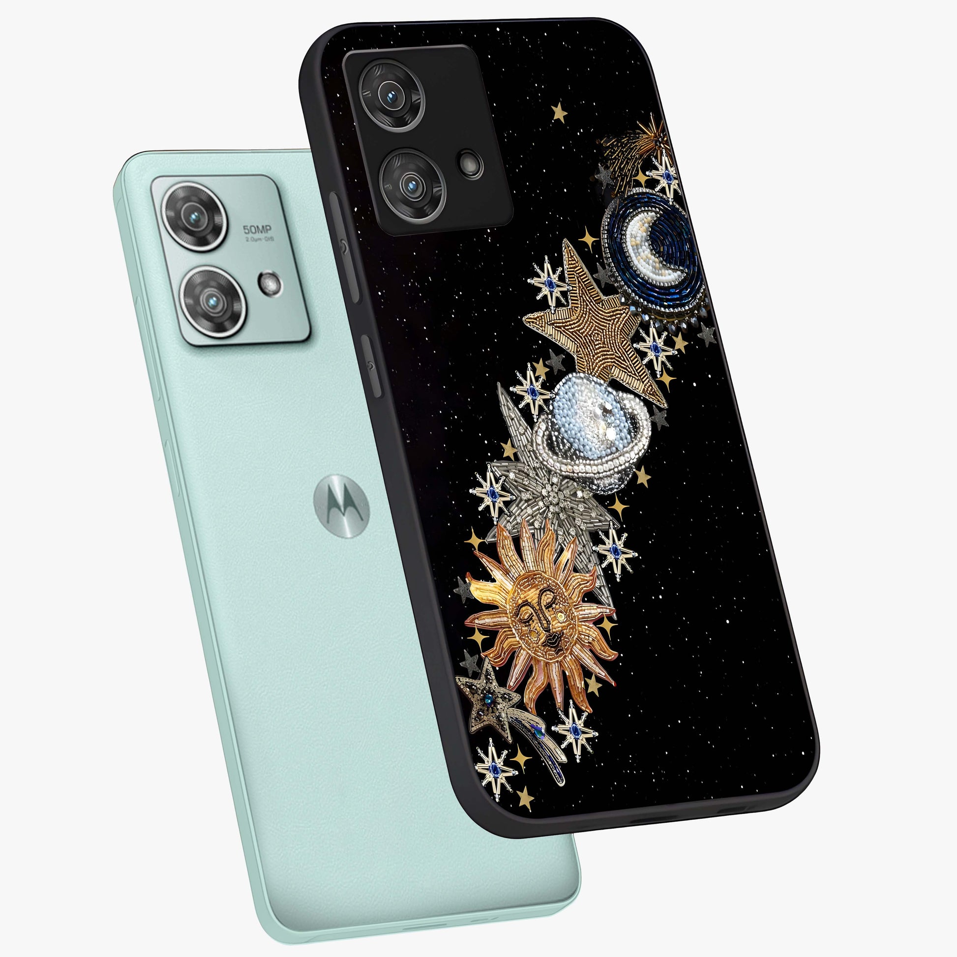 Pearls Universe Object Glass Case displayed in angled mockup highlighting celestial pearl design with dreamy aesthetic.
