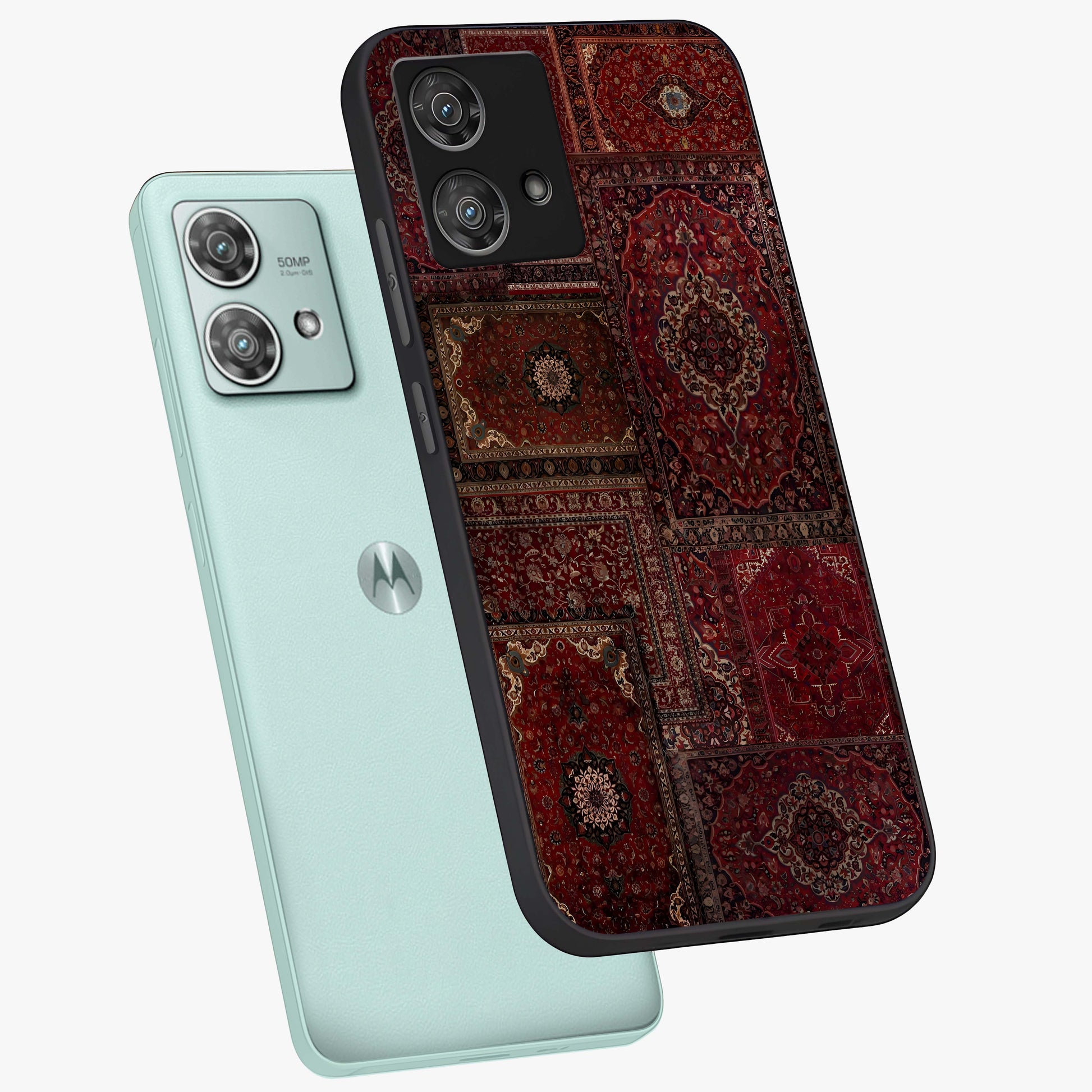 Persian Velvet Tale Glass Case displayed in angled mockup highlighting ornate textile inspired design with royal aesthetic.