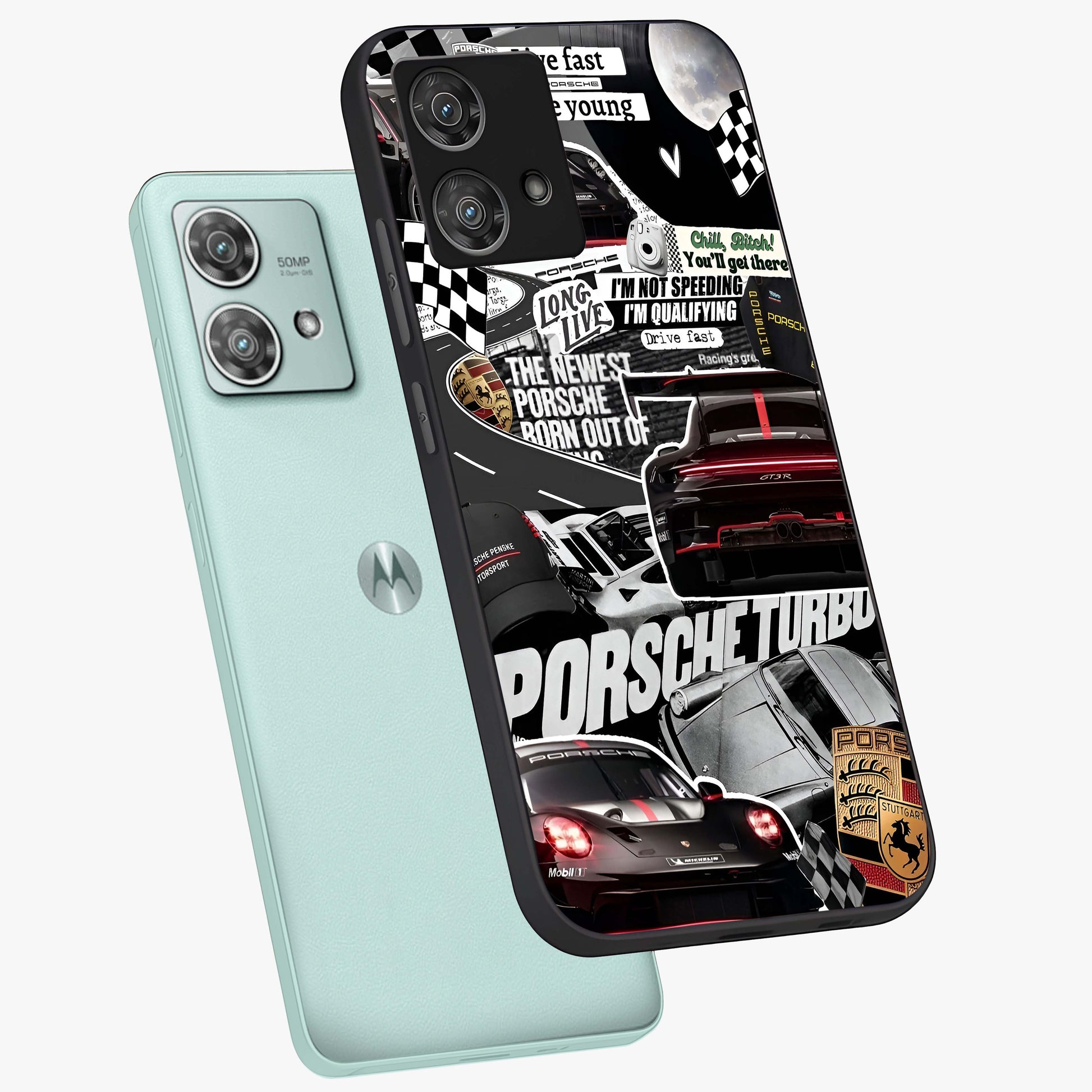 Porsche Racing Collage Glass Case displayed in angled mockup highlighting dynamic automotive design with bold racing aesthetic.