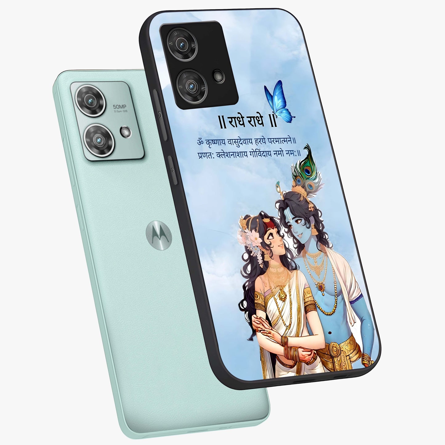Radha Krishna Eternal Glass Case displayed in angled mockup highlighting divine Radha Krishna illustration with spiritual aesthetic.