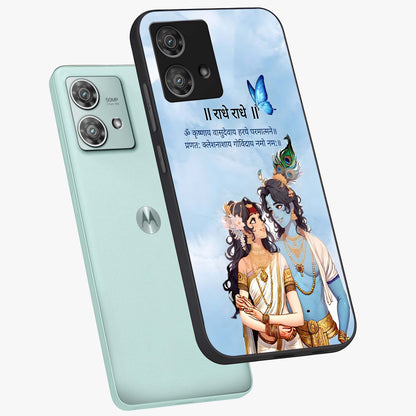 Radha Krishna Eternal Glass Case displayed in angled mockup highlighting divine Radha Krishna illustration with spiritual aesthetic.