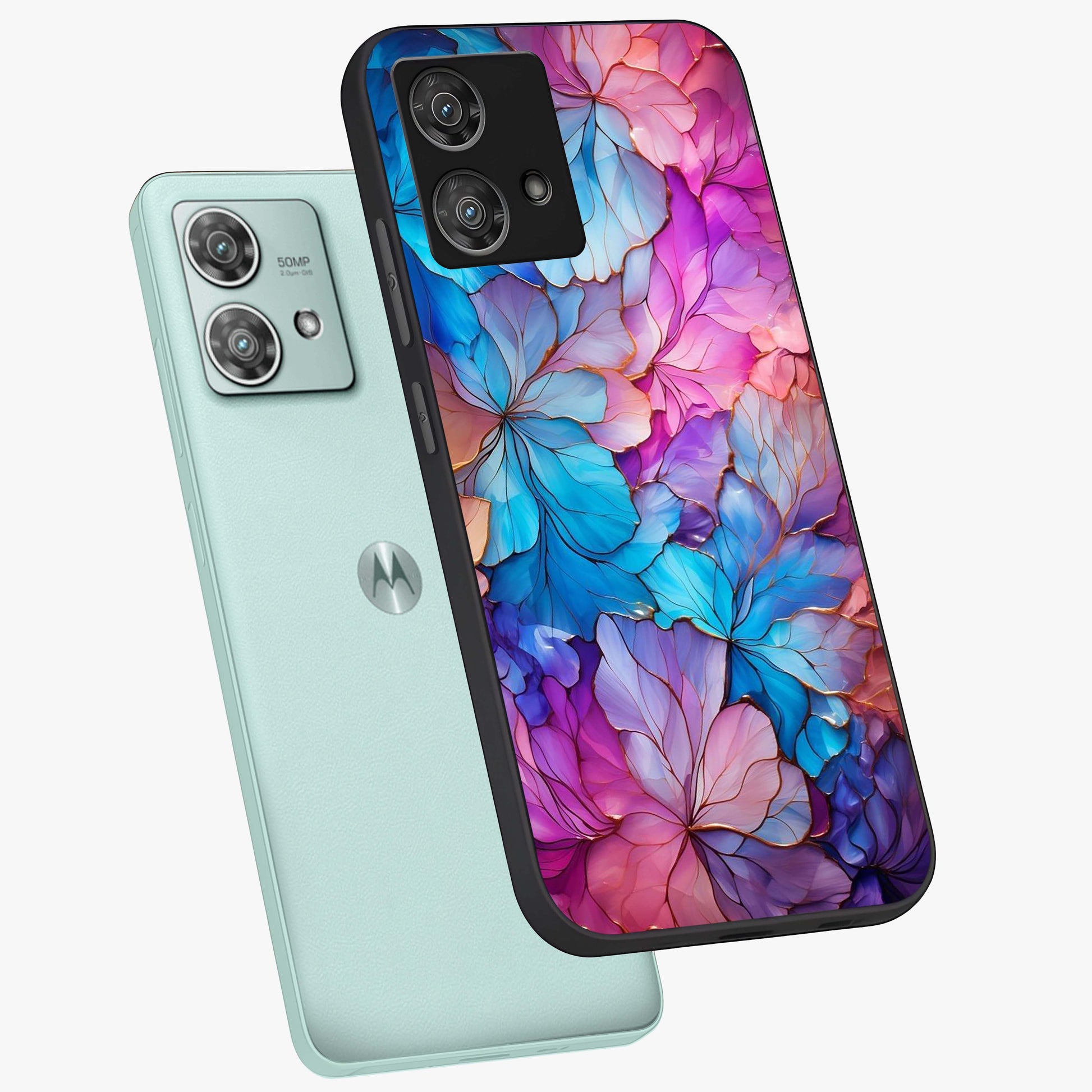 Radiant Floral Whirl Glass Case displayed in angled mockup highlighting vibrant flower pattern with dynamic artistic aesthetic.