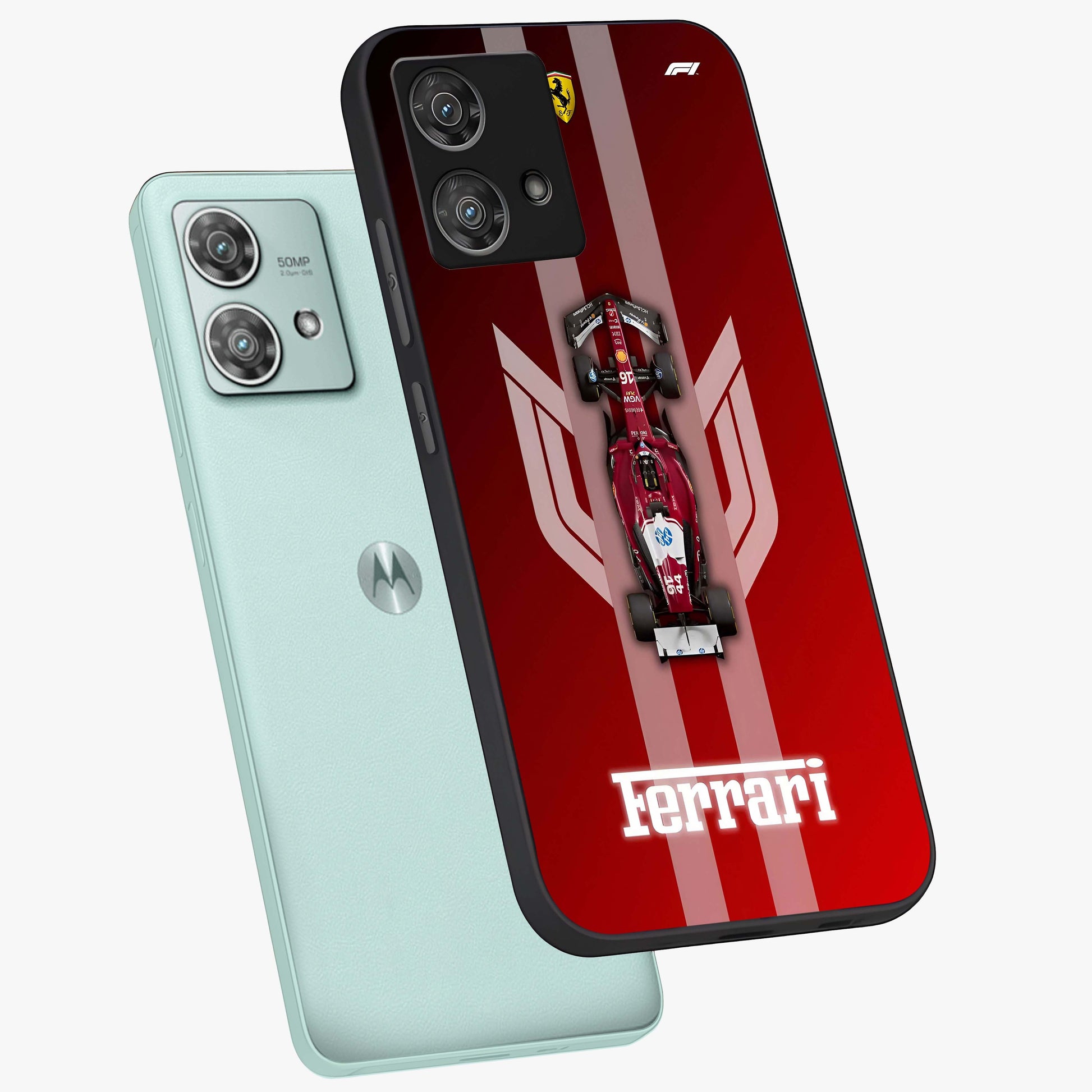 Red Ferrari F1 Vertical Glass Case displayed in angled mockup highlighting high speed racing design with bold automotive aesthetic.