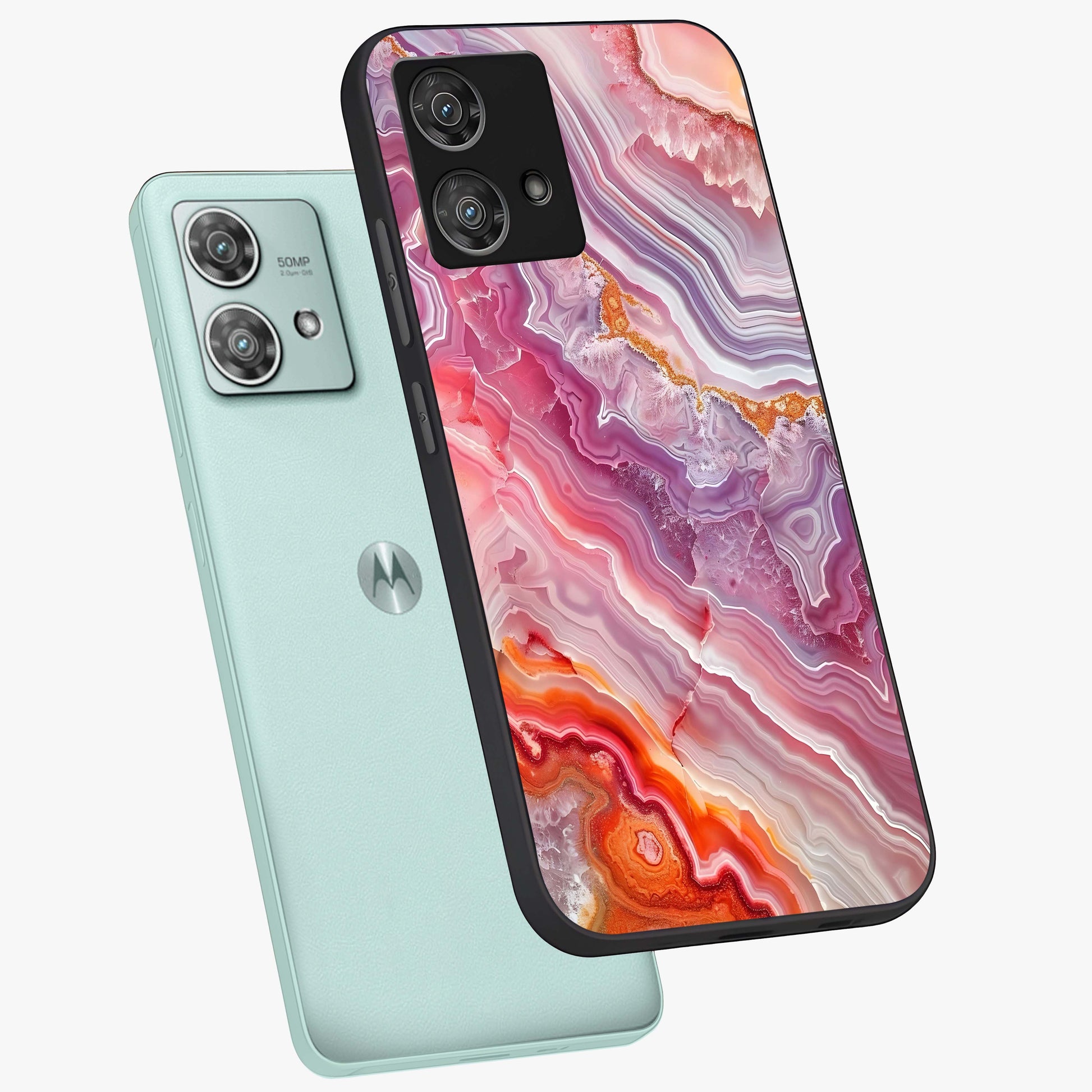 Rose Quartz Marble Glass Case displayed in angled mockup highlighting elegant marble pattern with soft aesthetic style.