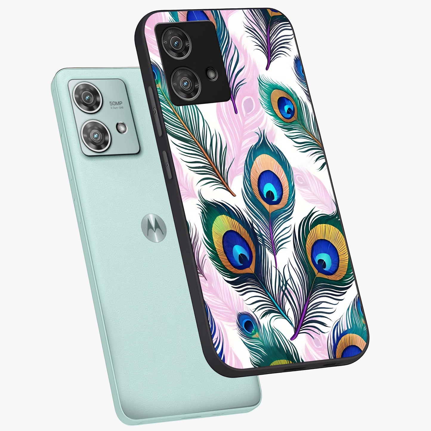 Royal Peacock Feathers Glass Case displayed in angled mockup highlighting vibrant feather pattern with regal aesthetic style.