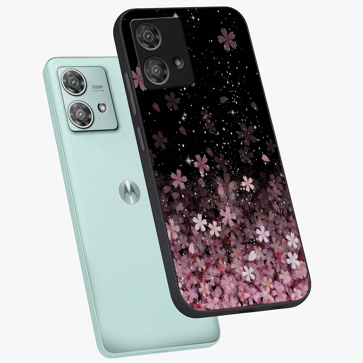 Small Starry Flowers Glass Case displayed in angled mockup highlighting tiny flower pattern with celestial aesthetic style.