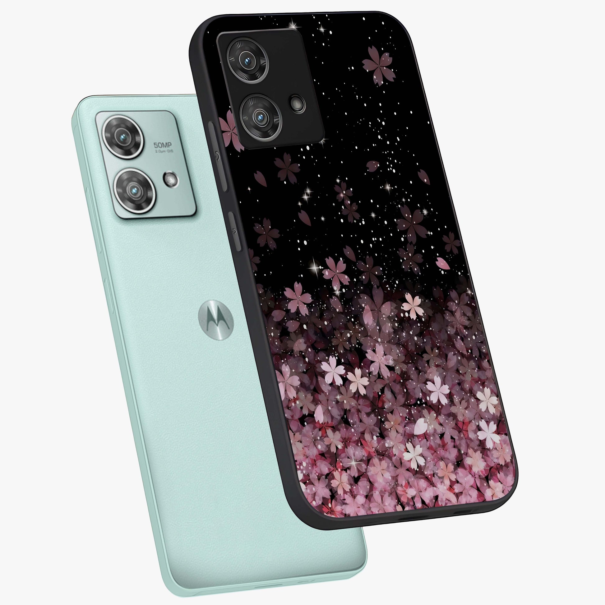 Small Starry Flowers Glass Case displayed in angled mockup highlighting tiny flower pattern with celestial aesthetic style.