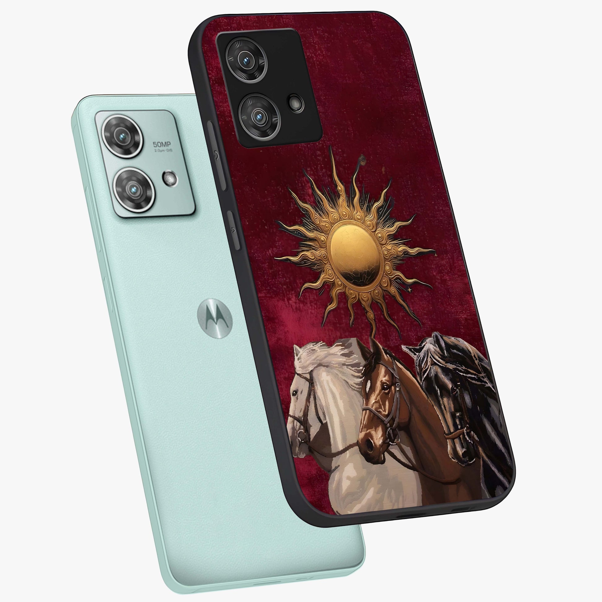 Solar Riders Glass Case displayed in angled mockup highlighting powerful rider illustration with radiant solar aesthetic.