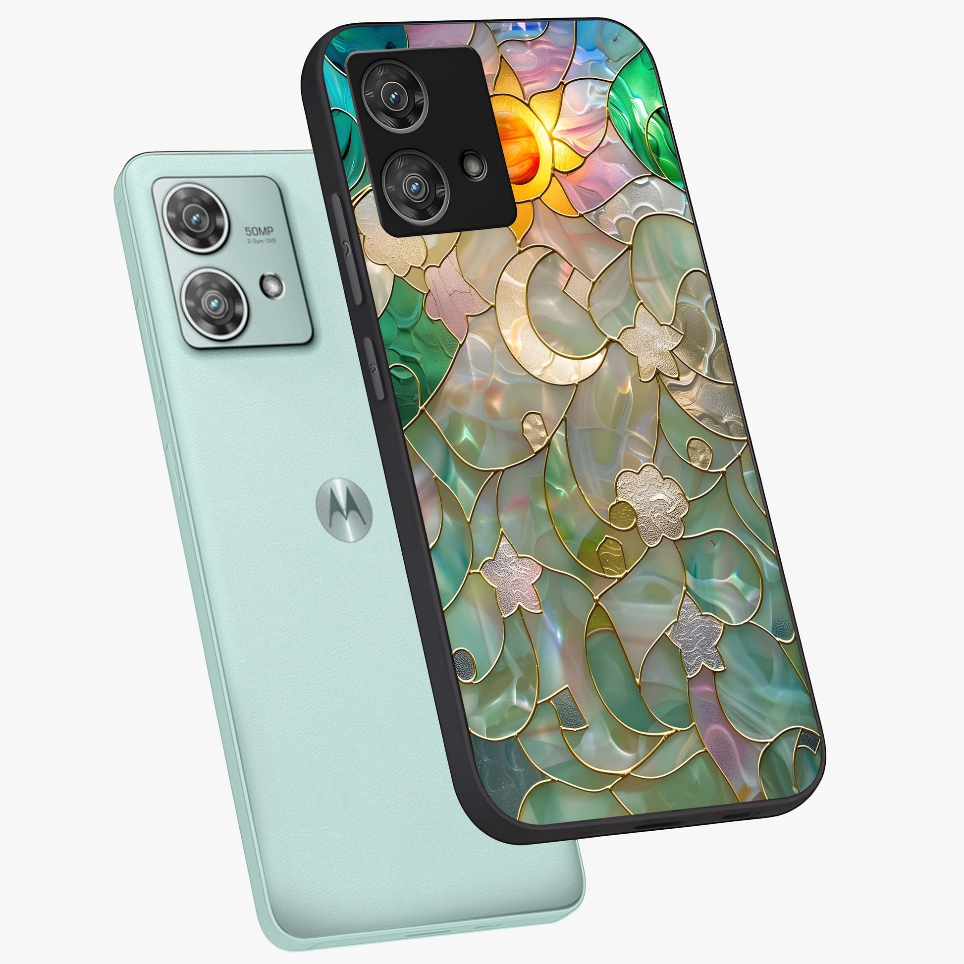 Stained Sunrise Glow Glass Case displayed in angled mockup highlighting radiant sunrise design with artistic aesthetic style.
