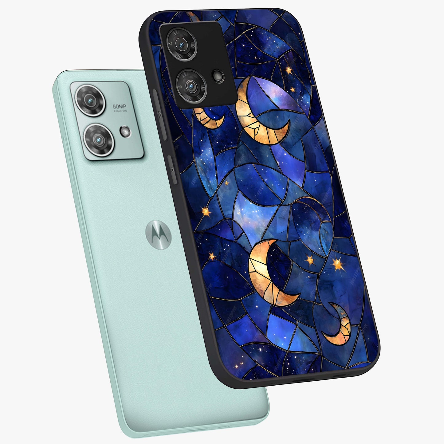 Starlit Sky Tapestry Glass Case displayed in angled mockup highlighting celestial night pattern with artistic aesthetic style.