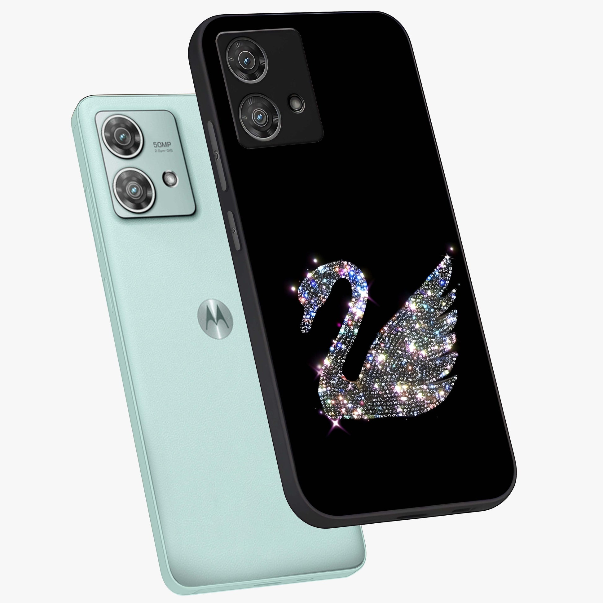 Starlit Swan Grace Glass Case displayed in angled mockup highlighting elegant swan illustration with dreamy celestial aesthetic.