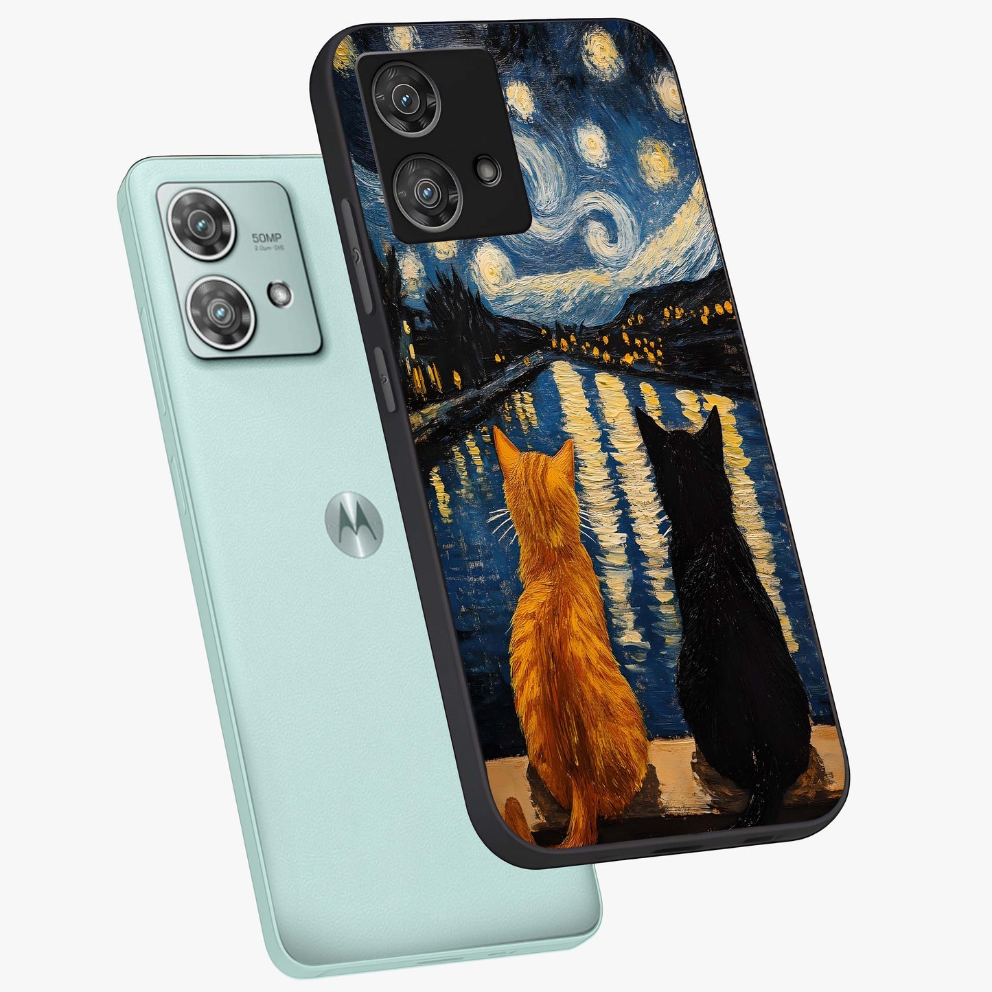 Starry River Cats Glass Case displayed in angled mockup highlighting charming feline illustration with dreamy night aesthetic.