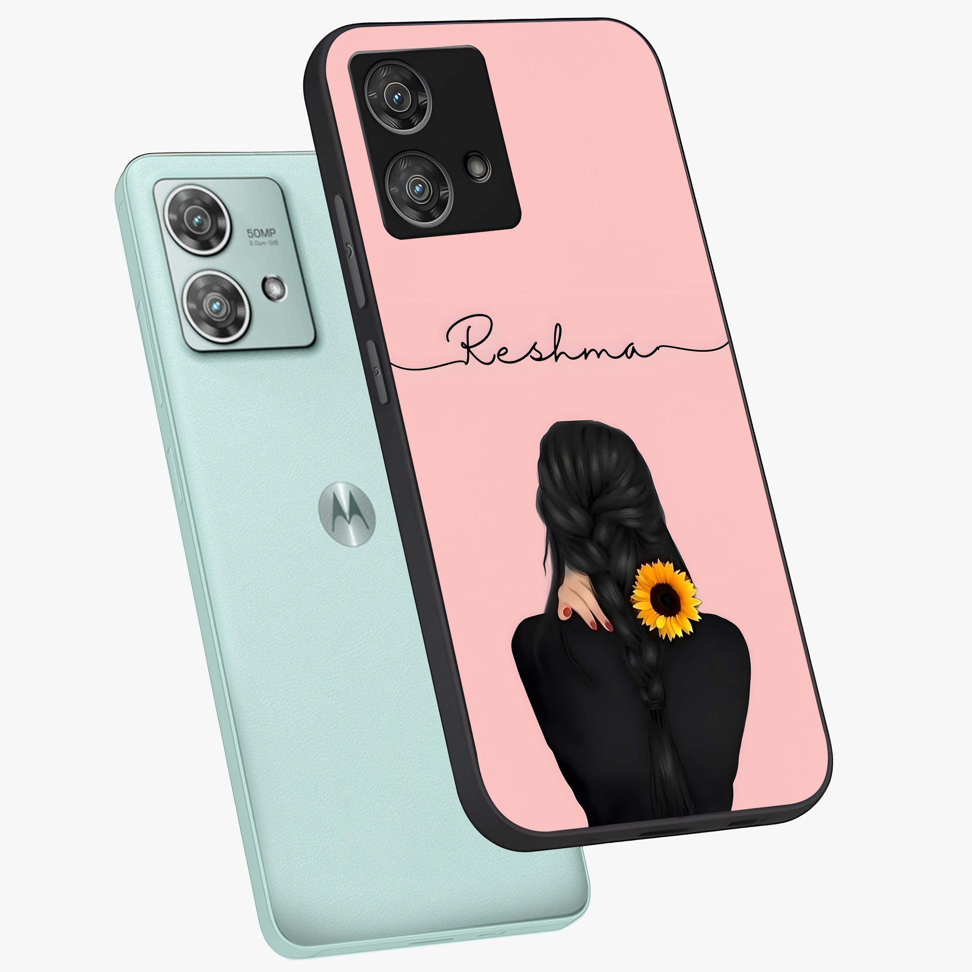 Sunflower Braid Beauty With Custom Name Glass Case displayed in angled mockup highlighting elegant sunflower design with custom name feature.