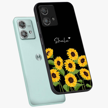 Sunflower Chic Mood Custom Name Glass Case displayed in angled mockup highlighting vibrant sunflower design with custom name feature.